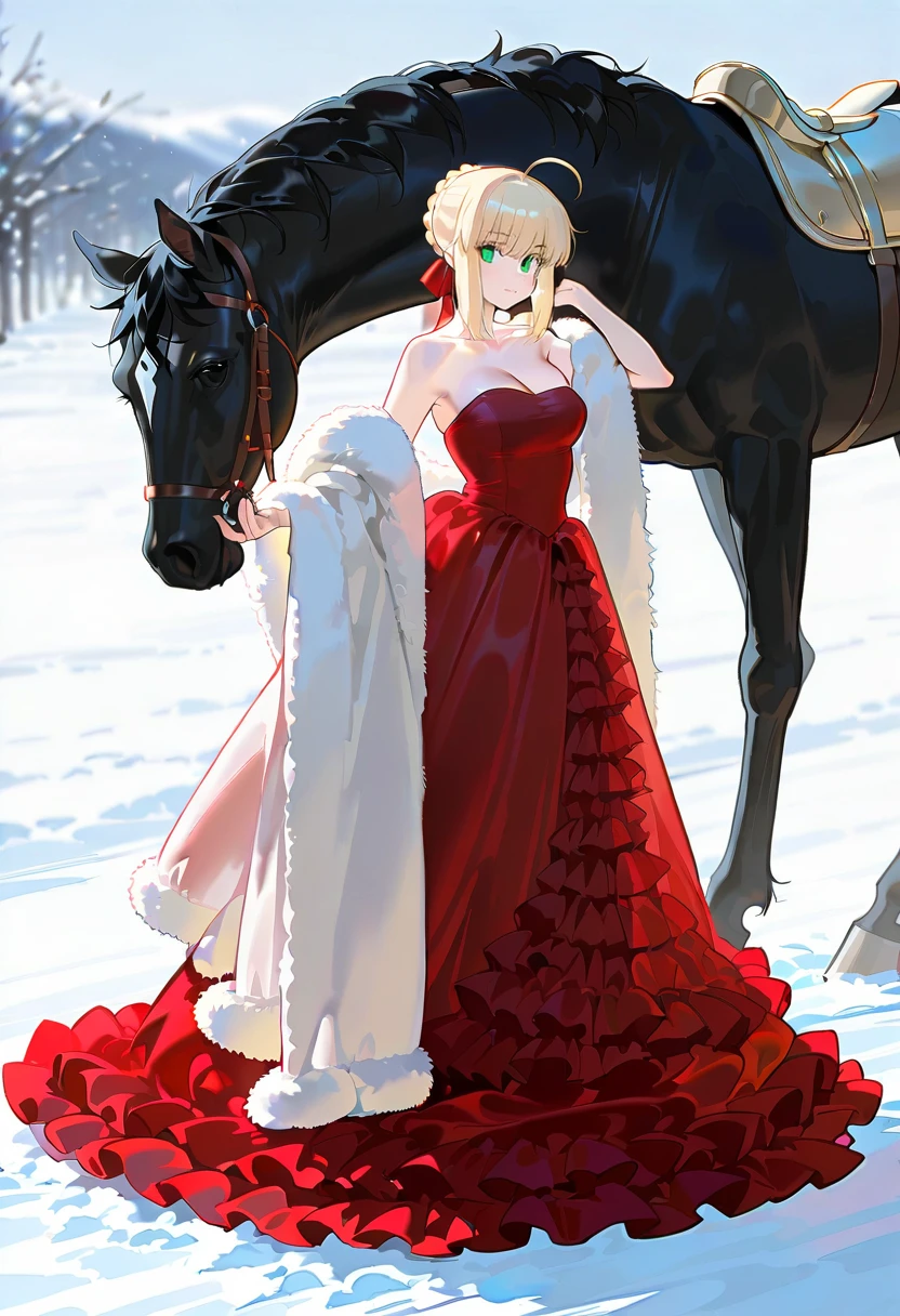 1girl,solo,looking at viewer, echo (circa),ft gown, red dress, fur trim, strapless, frills, saber_(fate),horse, snow