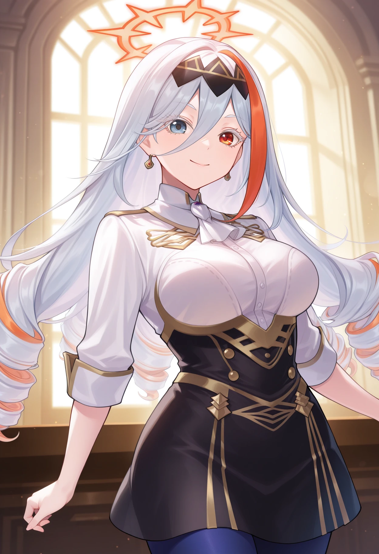 1girl, <lora:BaldrFehIL:1> baldrFeh.
an illustration of a girl. she is standing. she is indoors.
long hair, drill hair, white hair, streaked hair, heterochromia, orange halo, black headpiece, earrings,
<lora:gmuniform2-illu-nvwls-v1:1> gmuniform2, white ascot, white shirt, high-waist skirt, black skirt, sleeves rolled up, blue pantyhose,
cowboy shot,
indoors,
masterpiece, perfect quality, best quality, absolutely eye-catching