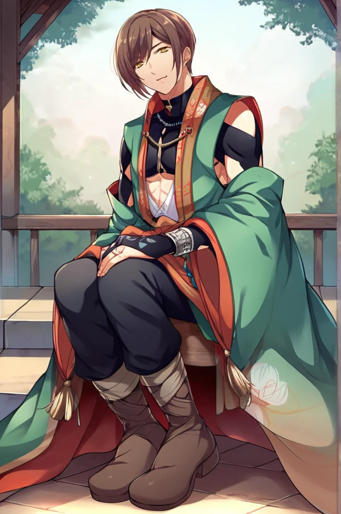 score_9,score_8_up,score_7_up,score_6_up,score_5_up,score_4_up,1boy,Kannon,brown hair,yellow eyes,shoulder cutout,bridal gauntlets,bracelet,green kimono,floral print,tassel,detached sleeves,green sleeves,black pants,boots,sitting,smile,<lora:Kannon_pony:1>,