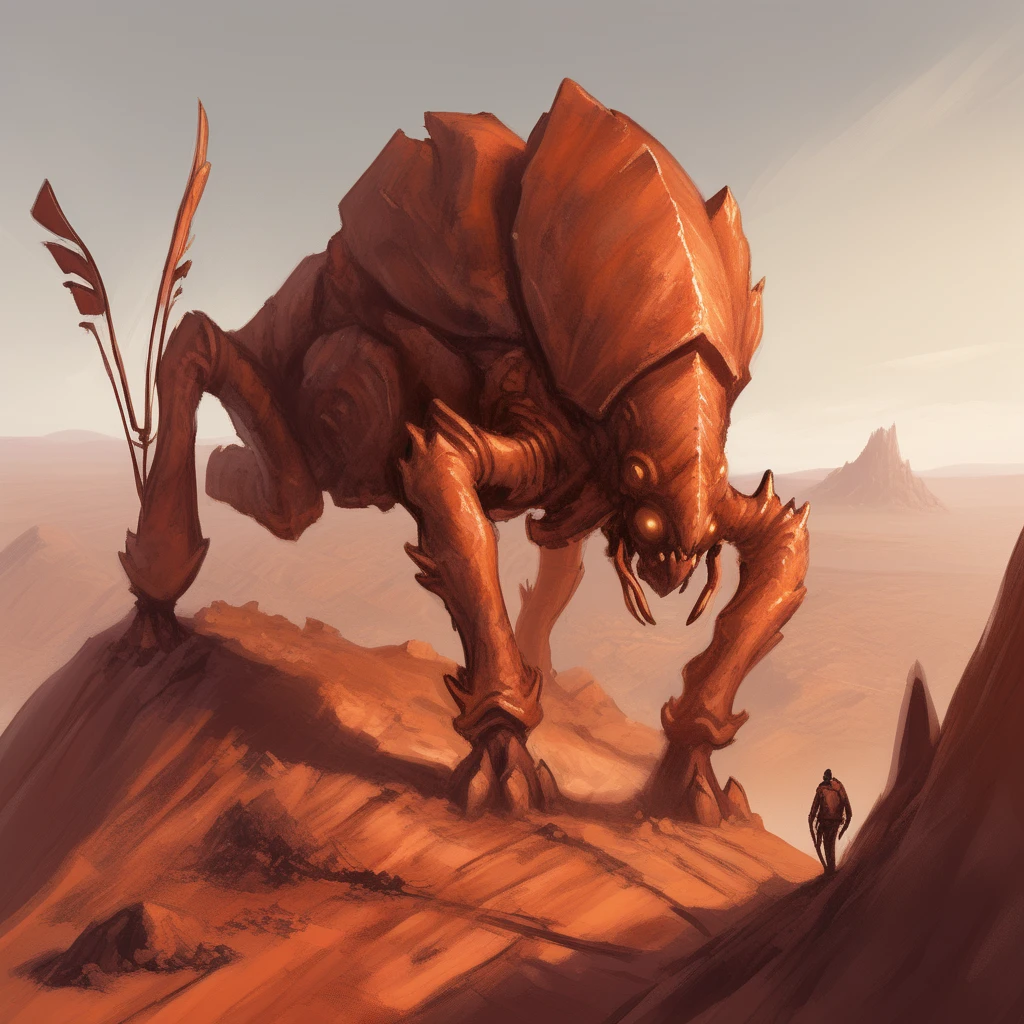 concept art  rustyd, rust monster, climbing a jagged rock formation, barren wasteland, iron remnants embedded in the earth, wide-angle shot, harsh sunlight, warm tones, dynamic pose, high detail, apocalyptic scenery <lora:Rust monster - sdxl1.0:1> . digital artwork, illustrative, painterly, matte painting, highly detailed