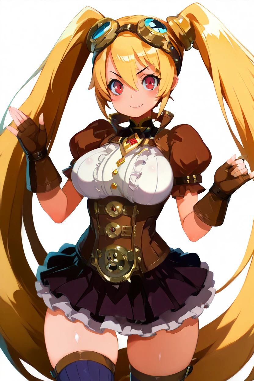 masterpiece, best quality, solo, curvy, beautiful eyes, zzLayla, solo, 1girl, twintails, blonde, blonde hair, long hair, very long hair, red eyes, goggles, goggles on head, gloves, thighhighs, skirt, short sleeves, fingerless gloves, puffy sleeves, brown gloves, puffy short sleeves,   <lora:LaylaMLIXL:1.0>, dynamic pose, cowboy shot, smile, looking at viewer, shiny skin,<lora:HaradaTakehitoIXL_v3:1.3>, <lora:ZankuroIXLLight_v2:0.6>,