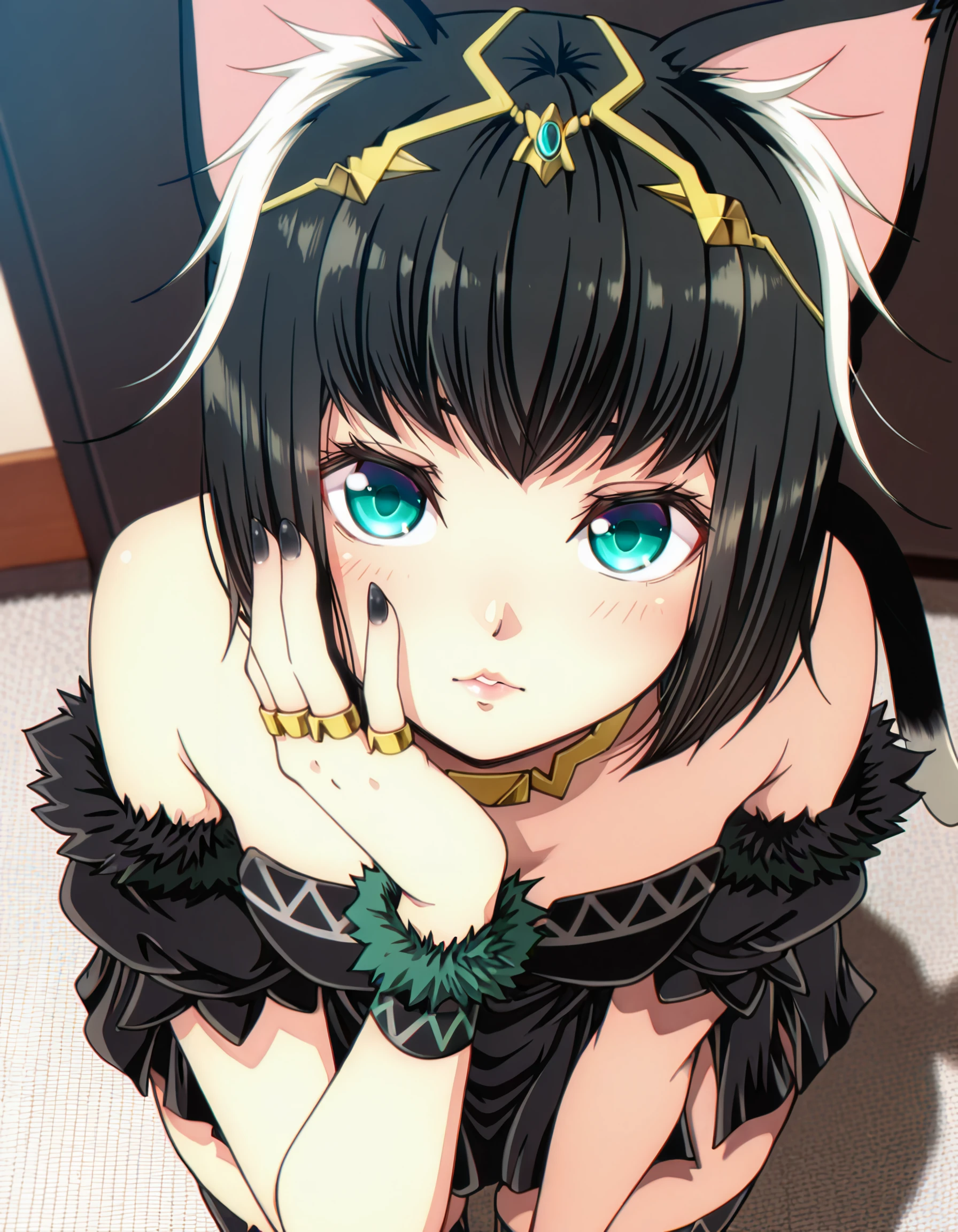 (kouji_\(campus_life\)), <lora:tama_il:1> , short_hair, black_hair, cat_ears, green_eyes, tamablack, black_dress_ black_thighhighs, (1girl, solo), 1boy, androgynous, bishounen, black_nails, ear_birthmark, eyelashes, fingernails, jewelry, lips, long_fingernails, looking_at_viewer, nail_polish, red_lips, ring, solo, thumb_ring, bald, flower_of_life, hand_focus, masterpiece, detailed, best_quality