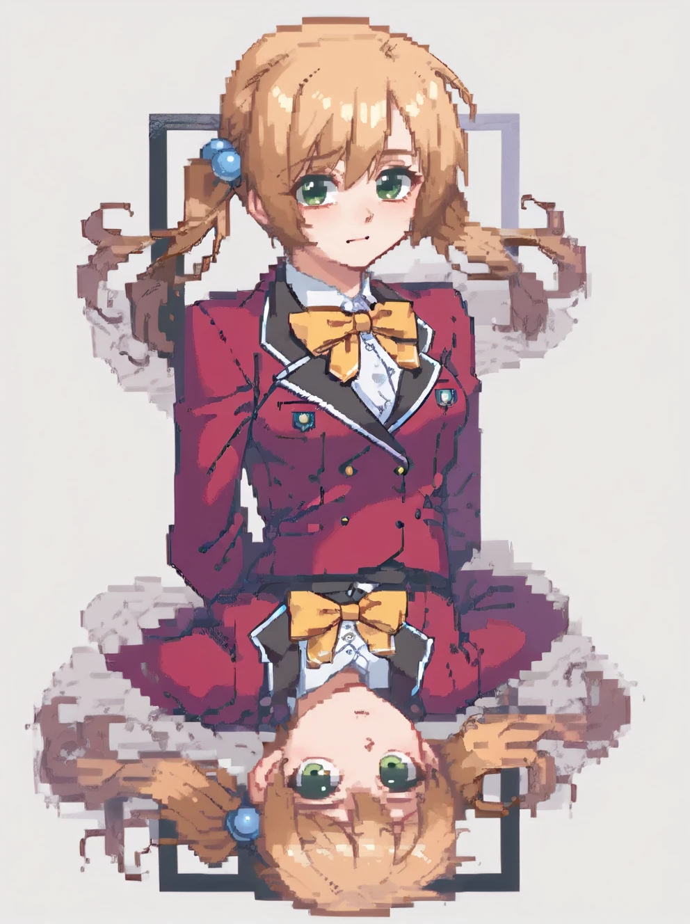 symmetry,white background,1girl,solo,<lora:kohinata:1>,k0hinata,twintails,green eyes,blonde hair,hair bobbles, school uniform,red blazer,black skirt,bow,
pixel art,<lora:balatropony2:1> score_8_up,score_7_up,score_6_up,score_5_up,score_4_up,