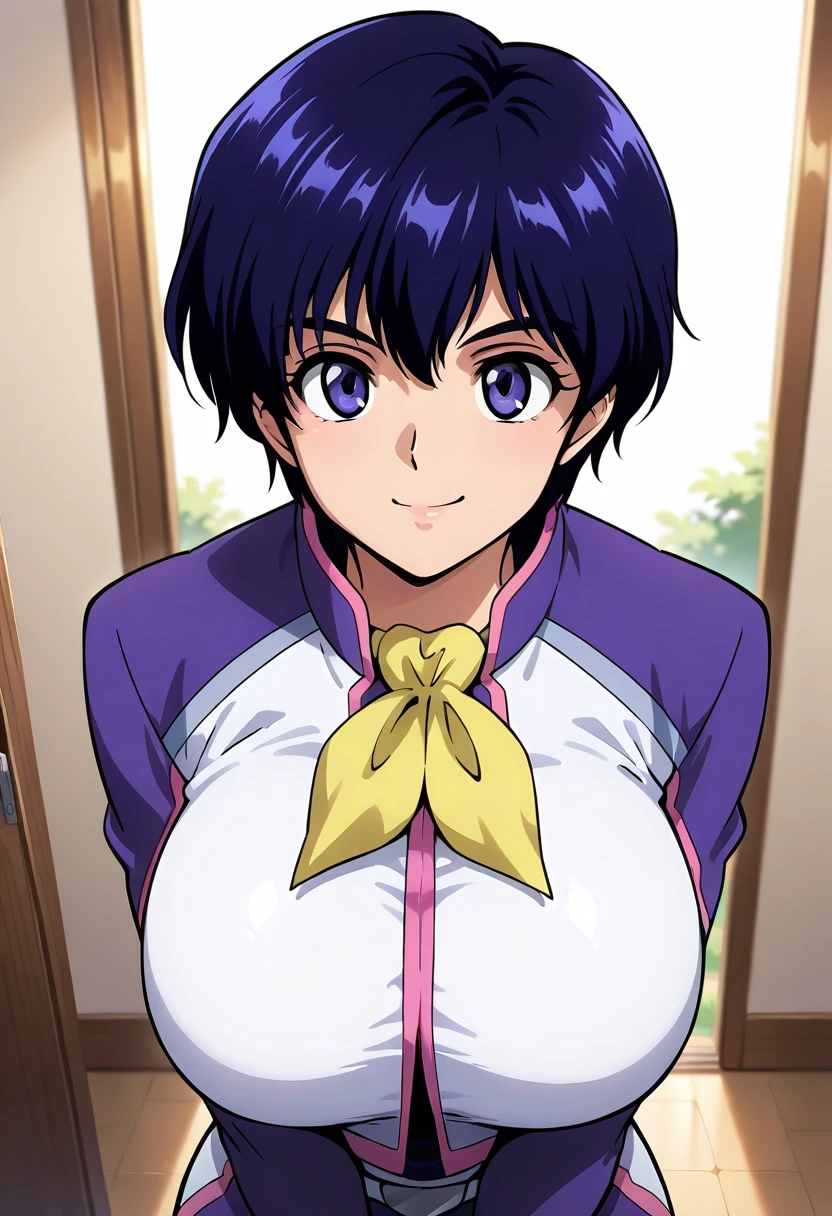 masterpiece, best quality, good quality, 1girl, claire heathrow, short hair, blue hair, blue eyes, uniform, smile, huge breasts
