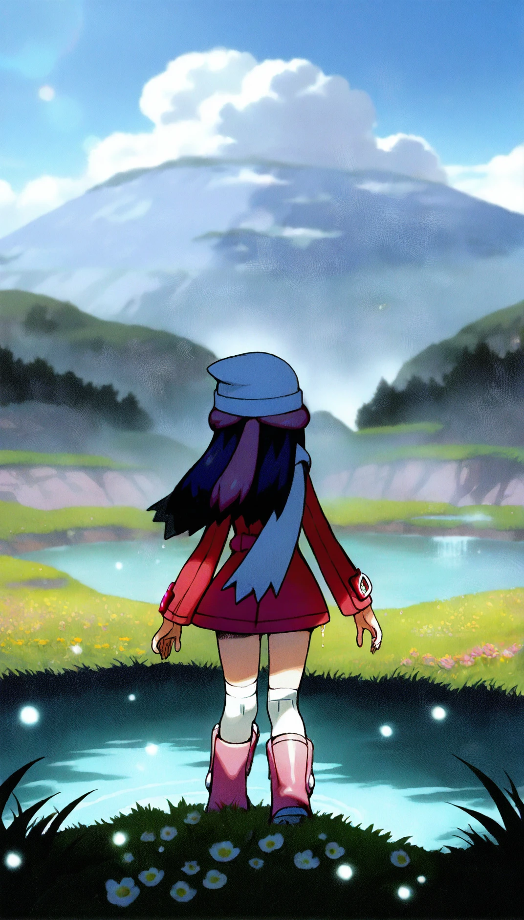 masterpiece,best quality,amazing quality,
<lora:hikaridawnIL:1>,hikaridawn,
1girl,solo,navy blue hair,long hair,
white beanie,pink hair clips,red overcoat,white scarf,
white kneehighs,light pink boots,
back view,
blurry background,depth of field,soft lighting,light particles,lens flare,fog,
blue sky,cloud,grass,flower,white fence,distant hills,water,(after rain:1.2),