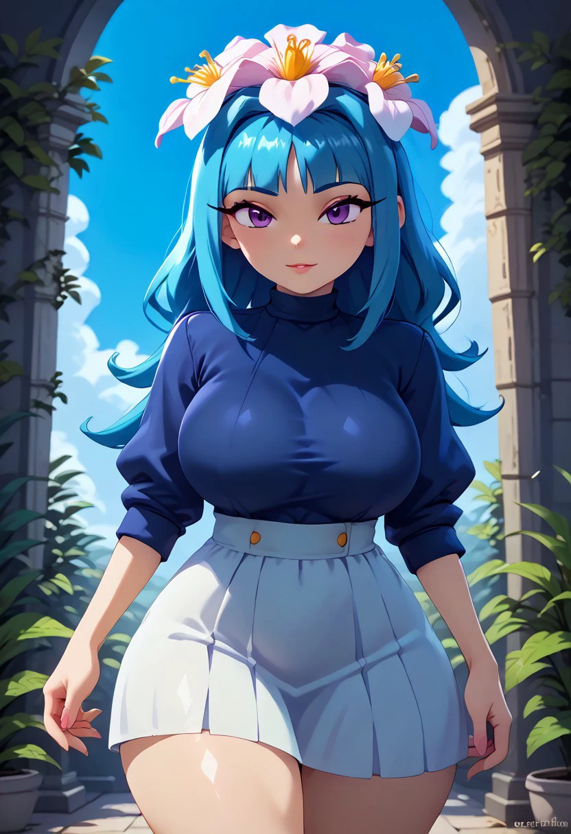 score_9, score_8_up, score_7_up, (best quality:1.1), ultra-detailed, high resolution, 8k, female, (big ass, front view), Galaxina the Seedrian, plant girl, cyan hair, purple eyes, flower on head, fauna, dark blue shirt, long white skirt, garden, seductive, solo, ((huge breasts, voluptuous, thick thighs, skinny, petite, curvy, busty, high quality, masterpiece, wide hips)), (((dutch angle, sexy tease, sexy pose, stylish pose))) BREAK outside, Rich, Detailed background, ambient light