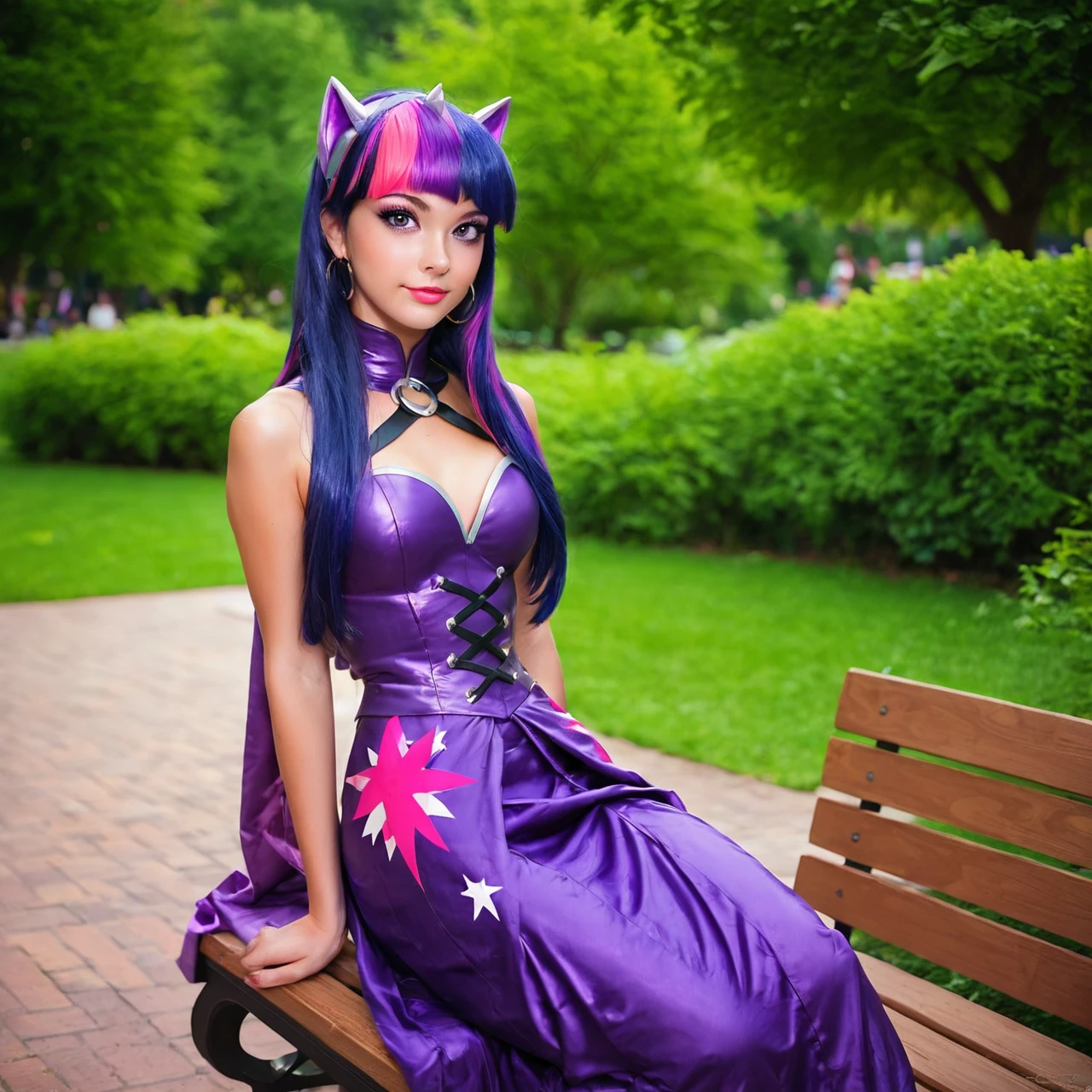 safe_pos, score_9, score_8_up, score_7_up, Twi in costume, 1girl, purple hair, cuitie face, beautiful purple eyes, photorealism, sexy sitting on bench in park