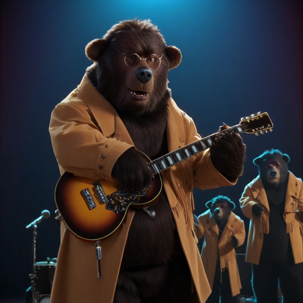 ted bedderhead, big bear, tall, dark brown fur, bara, belly, standing tall, glasses, black nose, wearing coat, playing a guitar, in a music hall