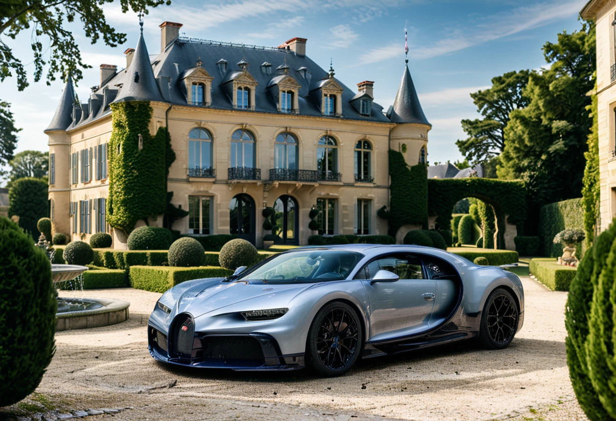 <lora:bugattich1r0n:1>,A soft lavender, bugatti ch1r0n parked outdoors in front of a majestic French château. The car, with its glossy metallic blue exterior and sleek black accents, is perfectly positioned on a cobblestone driveway leading to the château. The château features classic French architecture with large arched windows, intricate stonework, and tall, elegant towers. The setting is bathed in soft golden sunlight, creating a warm and luxurious atmosphere. Surrounding the château are neatly trimmed gardens, fountains, and lush greenery, enhancing the sense of grandeur. The scene combines automotive excellence with historical elegance."
<lora:SDXLFaeTastic2400:0.4> <lora:extremely_detailed:0.4> extremely detailed, Masterpiece,best quality,hi res,8k,hi res,8k,award winning,(sharp focus, intricate, highly detailed),