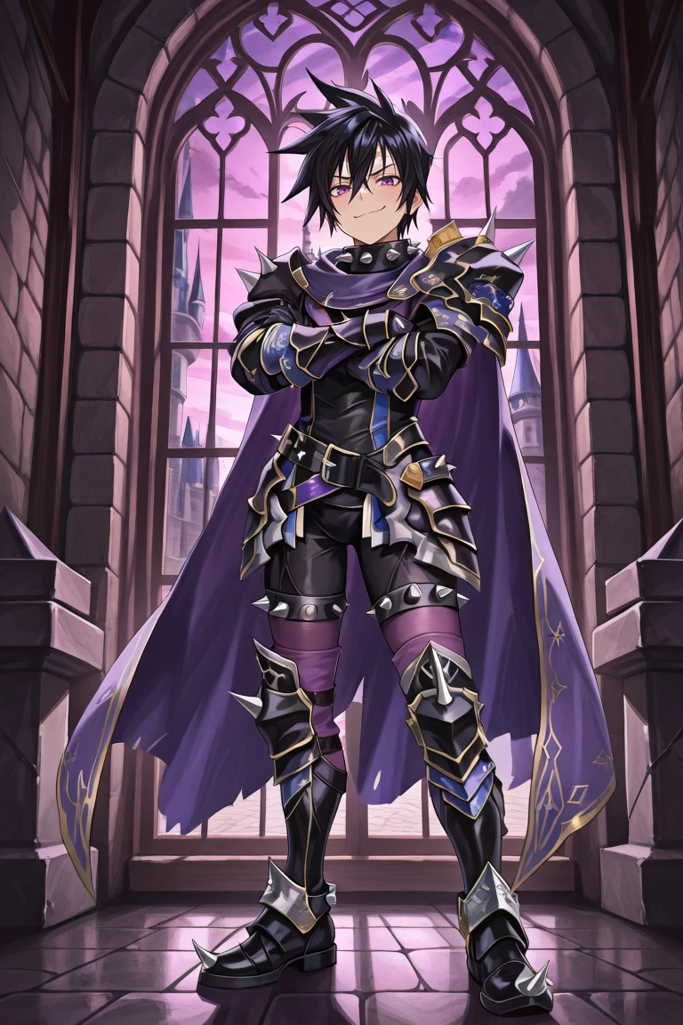 <lora:LeonIL:0.8> , LeDef, 1boy, purple eyes, scar on forehead, spiked hair, black hair, spiked collar, spikes, spiked armor, shoulder spikes, armor, black armor, faulds, purple faulds, gauntlets, black gauntlets, cape, purple cape, black bodysuit, bodysuit under clothes, spiked belt, greaves, black greaves, spiked shoes, spiked thighhighs, purple thighhighs, full body, smile, smug, night, bloodstained armor, castle, ramparts, window, medieval city, crossed arms, masterpiece, very aesthetic, absurdres, best quality, amazing quality, high resolution, <lora:illustrious_quality_modifiers_masterpieces_v1:0.8> , <lora:ChamIllustriousBackgroundEnhancer:0.5>,