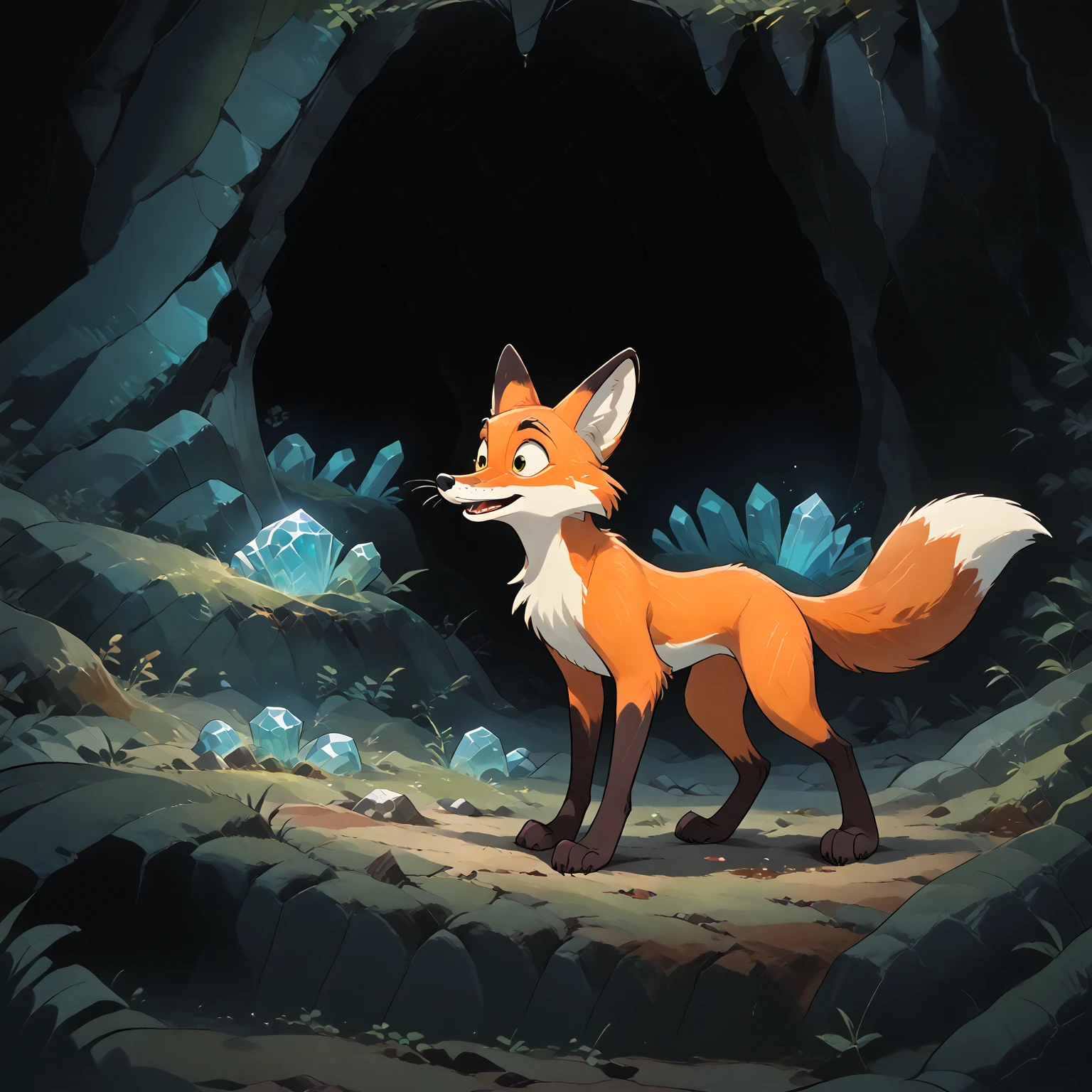 source_9, Source_8_up, Source_7_up, Source_6_up, cartoon animation, 1fox, adventurous male fox character, exploring a cave, vibrant colors, goups of natural quartz crystals, <lora:Animated_Cartoon:0.8> 4n1m4710n_c4rt00n, <lora:pony_pony_2_adamW:0.8>