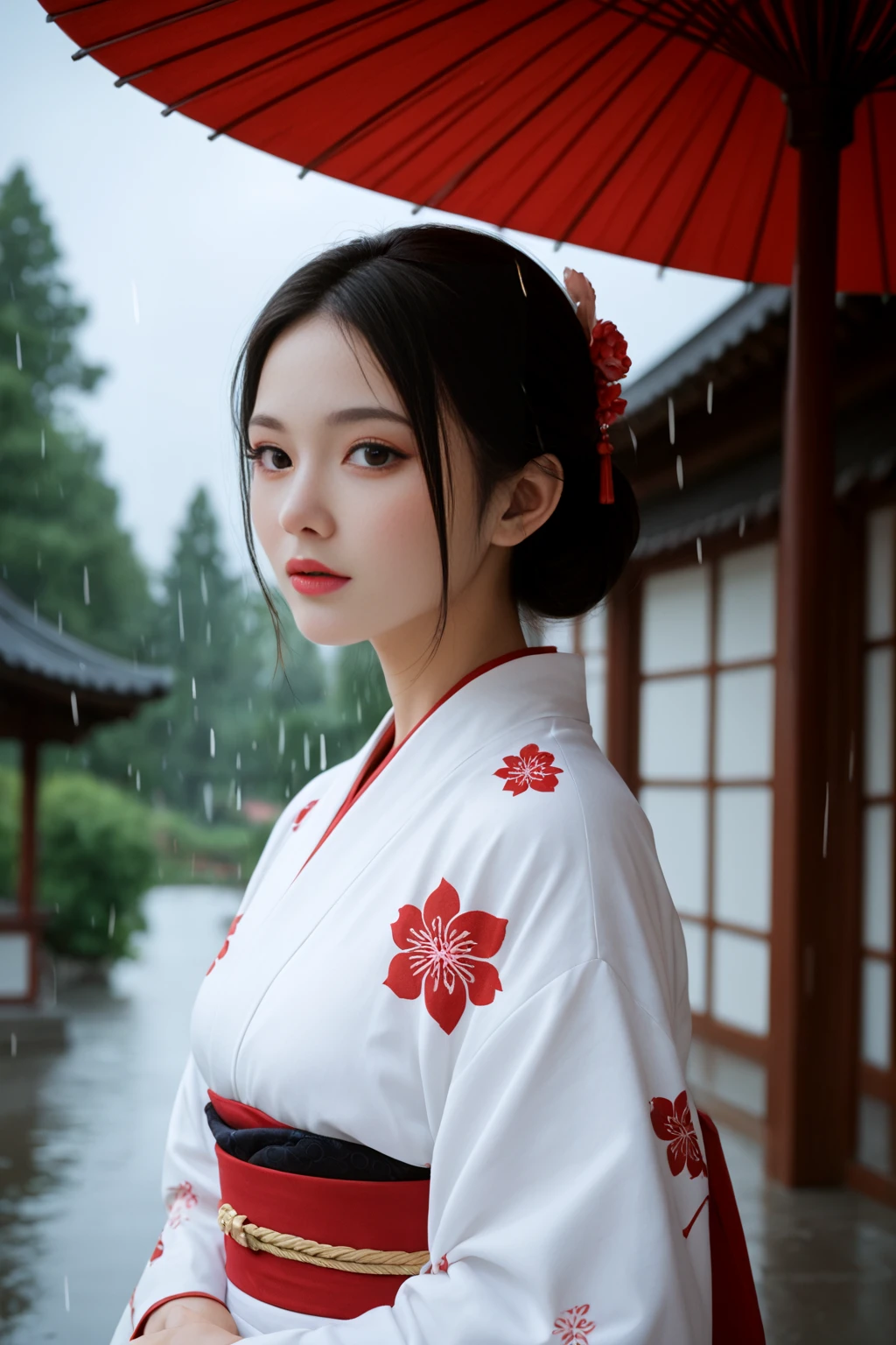 score_9,score_8_up,score_7_up,dynamic_angle,Upper Body,1girl,looking_at_viewer,cute:1.2, kimono,makeup,red_lips,outdoors,kyoto temple,blurry_background,raining,red oil-paper_umbrella,one-length haircut