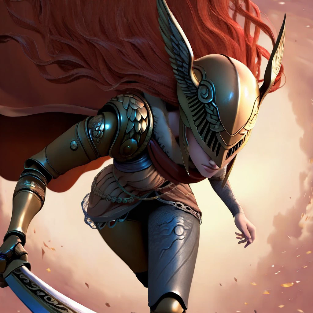 masterpiece, best quality, newest, absurdres, highres, SpiderversestyleIL-V1.0, 1girl, malenia blade of miquella, floating hair, red hair, long hair, prosthetic leg, armor, gold armor, winged helmet, armor, red cape, prosthetic arm, single mechanical arm, holding sword