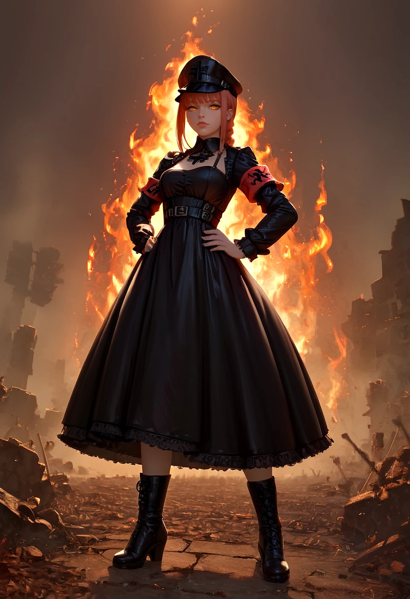 PonyScores7, best quality, masterpiece, 1girl, makima (chainsaw man), (full body):1.5, kmsFraulein, standing, hands on own hips, detailed hands, facing viewer, battlefield background, fire, volumetric lightingâââ