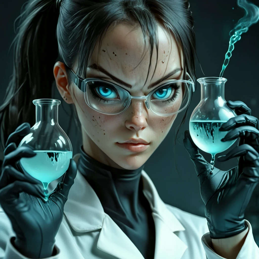<lora:Eldritch_Sci-FiSDXL:1> ArsMJStyle, Eldritch Sci-Fi, The image shows a woman wearing a lab coat and glasses holding a beaker in her hand. She has a determined expression on her face and her hair is pulled back in a neat bun. The beaker is filled with a clear liquid and the background is a dark mysterious atmosphere., 1girl, glasses, blue eyes, solo, black hair, ponytail, labcoat, looking at viewer, gloves, freckles