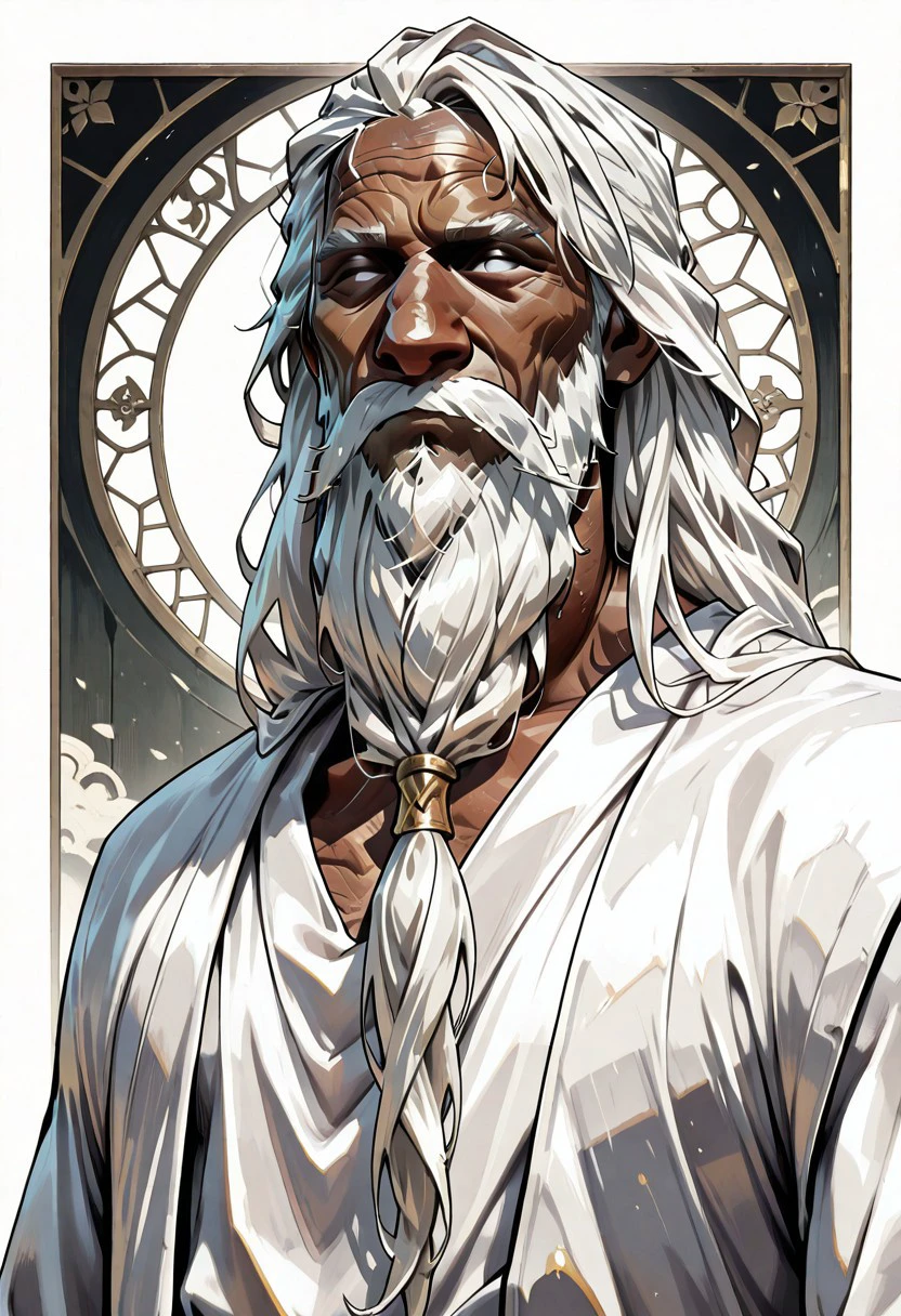 masterpiece, best quality, newest, absurdres, highres, PaintedComicV4.0 1boy, dark skin, dark skinned male, white hair, long beard, long hair, monk, white robe, white eyes, blind eyes, wrinkles, wrinkled face, wrinkled, wrikly, old, mature, old man