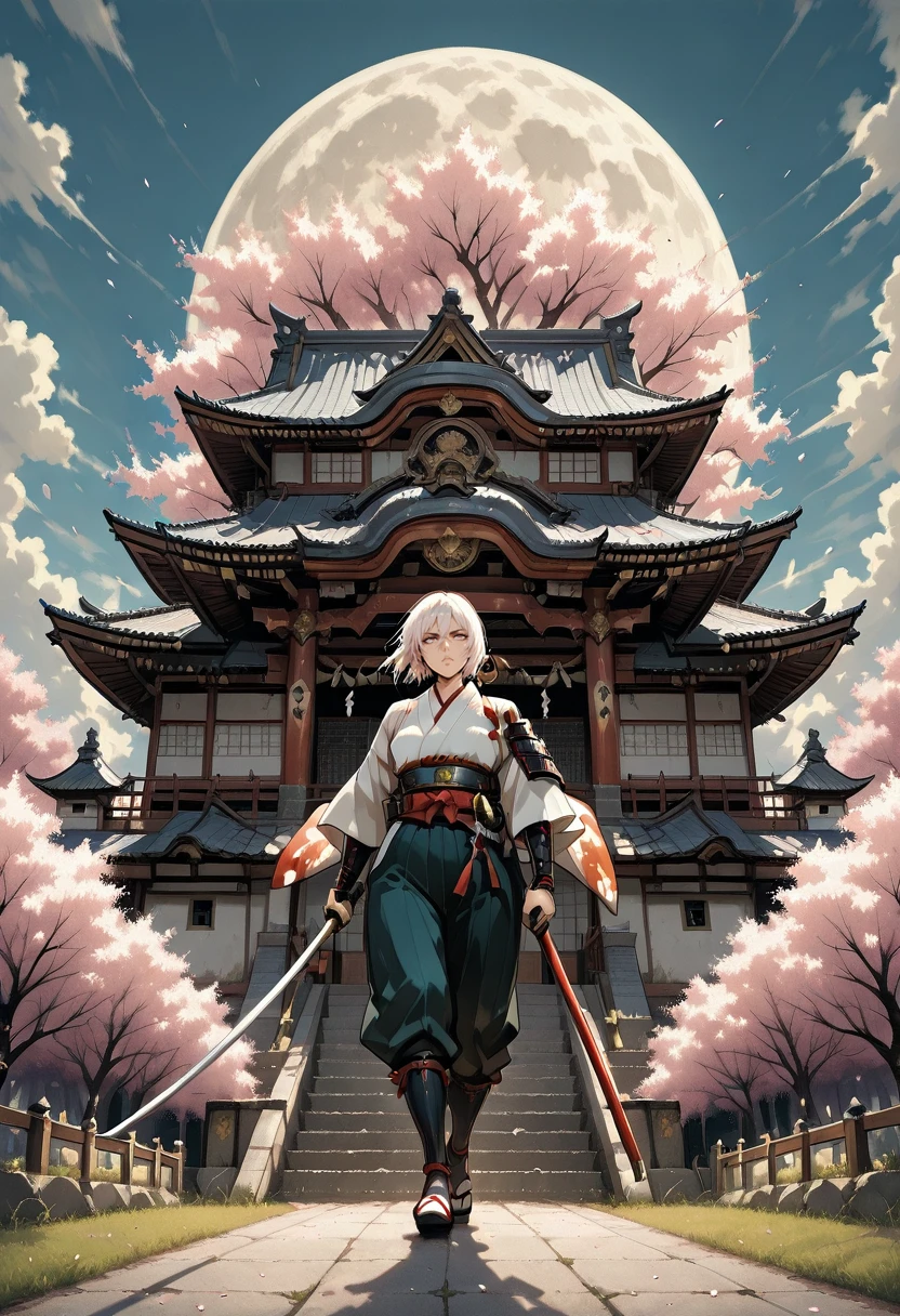 1girl, gc_lynway <lora:Lynway:0.8>, vintage style, samurai, japanese clothes, cherry blossoms, japanese castle, holding weapon, katana, moon,