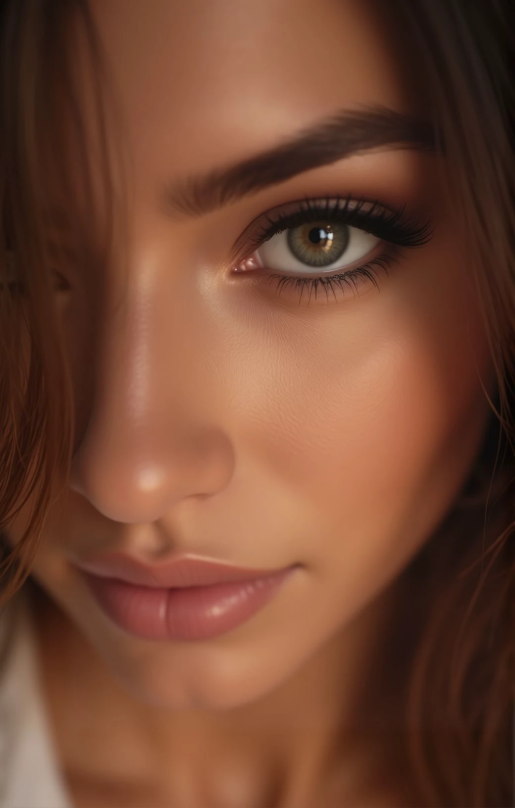 A close portrait of a woman, focusing on her eyes.  <lora:Woomy_4_Flux:0.9> tanned, dark eyes, brown hair,, realistic, 4K, ultra detailed photography, sharp image,