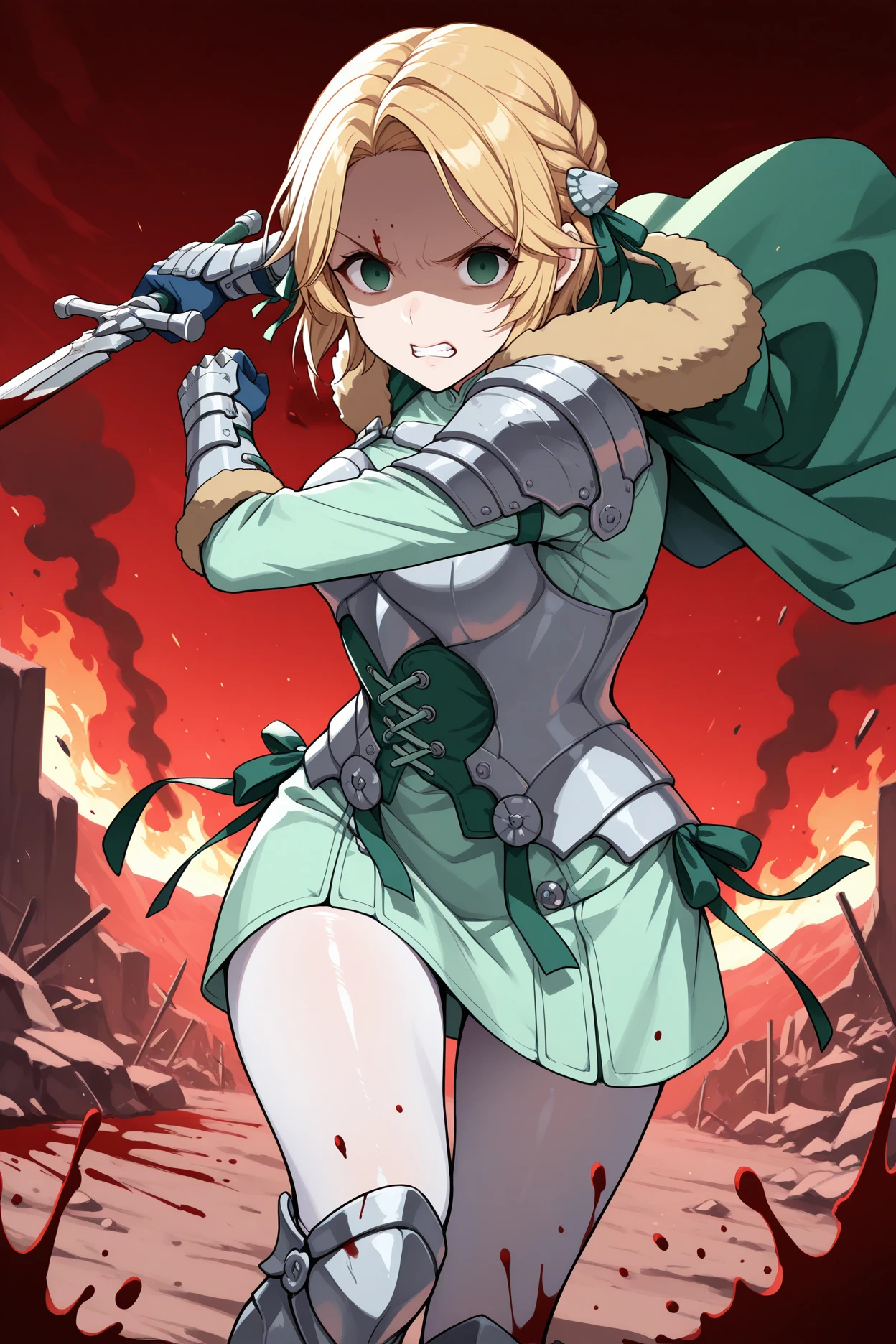 masterpiece, best quality, 1girl, solo, <lora:feingrid-illu-nvwls-v1-000005:1> waring, blonde hair, short hair, hair ribbon, green eyes, armored dress, green cape, fur trim, shoulder armor, green dress, short dress, underbust, long sleeves, bracers, blue gloves, white pantyhose, armored boots, holding sword, attacking, incoming attack, blood splatter, empty eyes, clenched teeth, angry, shaded face, red sky, smoke, fire, wasteland, looking at viewer