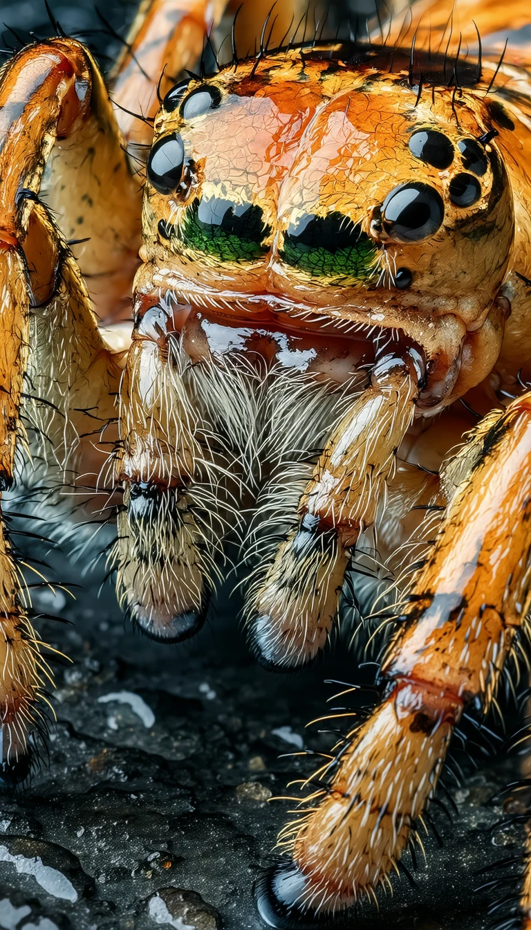 The image shows a close-up view of a spider with a vibrant orange body and black legs. The spider's head is adorned with green eyes and a red mouth, giving it a striking appearance. The spider is positioned on a black surface, which contrasts with its orange body and highlights its features. The spider's legs are spread out, suggesting it is in motion or preparing to move. The spider's position and the dark background create a sense of depth and focus on the spider.