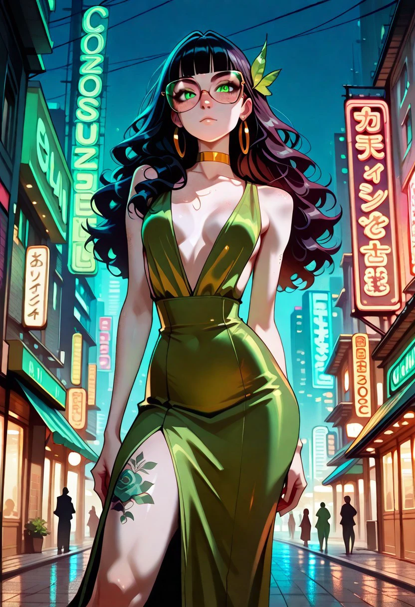 masterpiece, best quality, 32k, high resolution, absurdres, reij-drkfnwr art style, 1girl,  Claudia, ClaudiaRH, long  black hair, wavy hair, blunt bangs, green eyes, big squared eyeglasses, small breasts, slim, big leg tattoo, pale skin, freckles, hair ornament, hoop earrings, gold choker, green dress, sleeveless, plunging neckline, long dress, posing, outdoor, city, night, neon lights, pinup pose, nipple peek, bare arms, standing up, front view