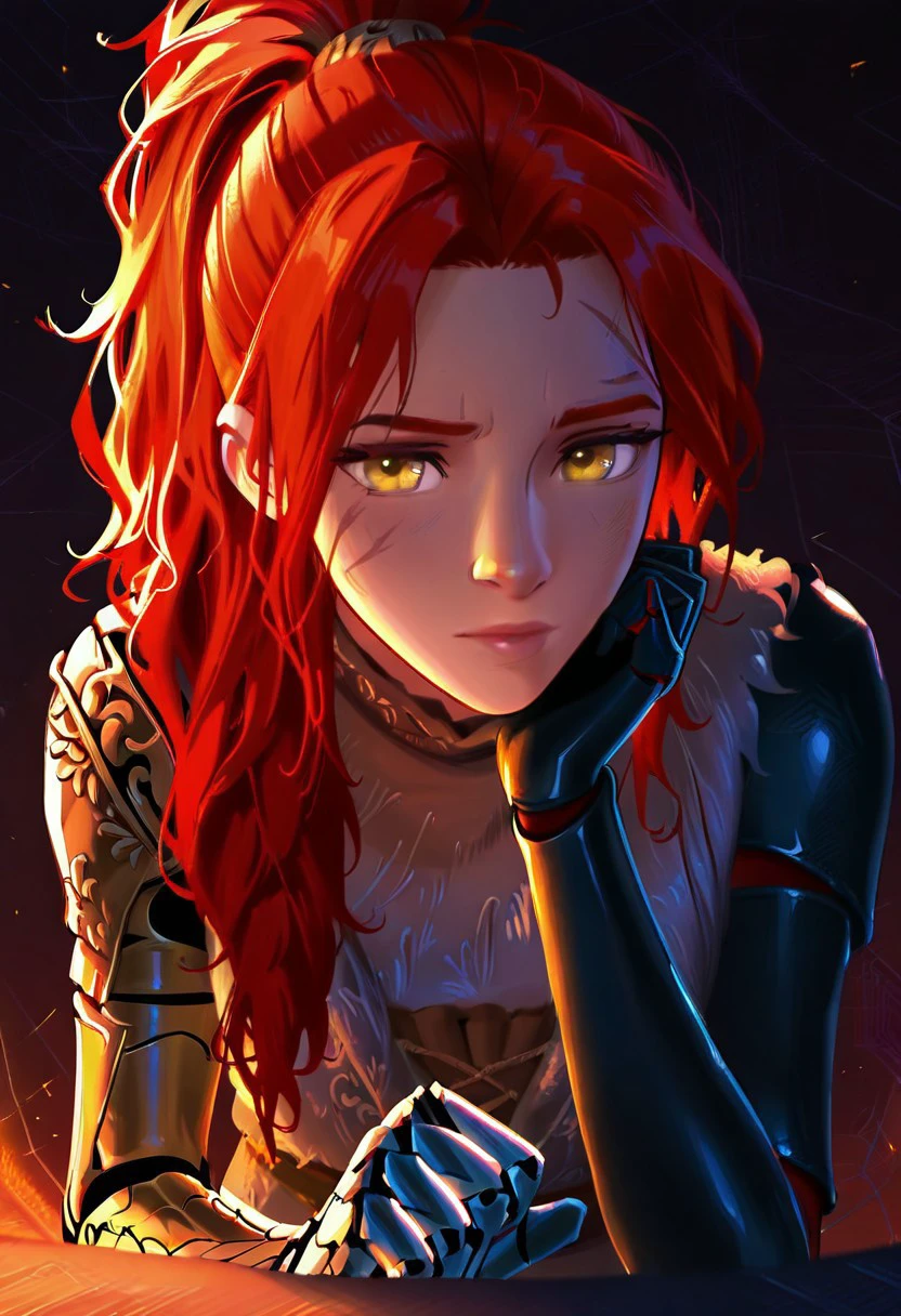 masterpiece, best quality, newest, absurdres, highres, SpiderversestyleIL-V1.0, 1girl, millicent \(elden ring\), yellow eyes, red hair, long hair, ponytail, scar, prosthetic arm, single mechanical arm