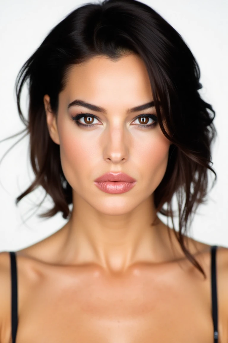 close up face portrait of monicabflx, a brunette woman in martincstyle look, plain white studio backdrop, framed centered