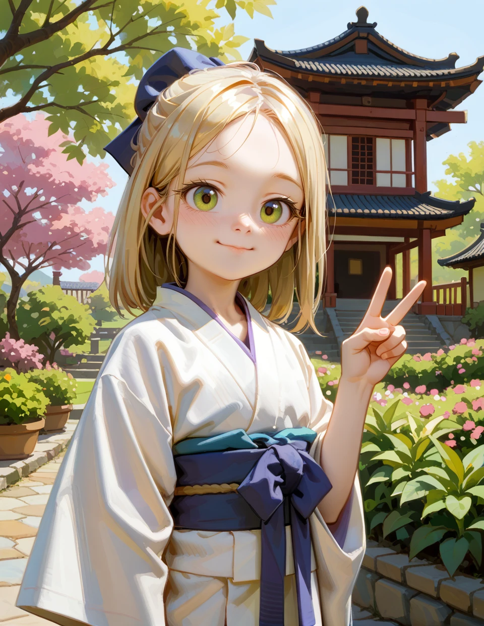 score_9, best quality, peace sign, smile, closed mouth, (sketch), 2d, lineart,
sweetonedollar, closeup, young, looking to the side, kimono, rating safe, sfw, colorful background, garden,
 <lora:SweetOneDollar_PonyXL_Style:1>