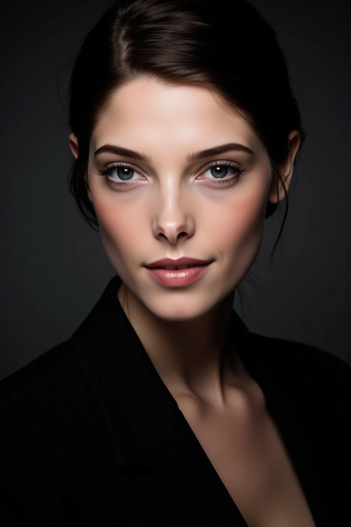 Create a close-up, high-fashion portrait of a woman with striking eyes and a calm, confident expression. She wears a sophisticated black outfit that exudes elegance and minimalism. The background is a smooth gradient of dark gray, enhancing the overall refined and contemporary aesthetic. The lighting is soft yet directional, highlighting her flawless complexion and subtle makeup, with a focus on her eyes and cheekbones. The mood of the portrait is polished, modern, and artistic.,ashgflx