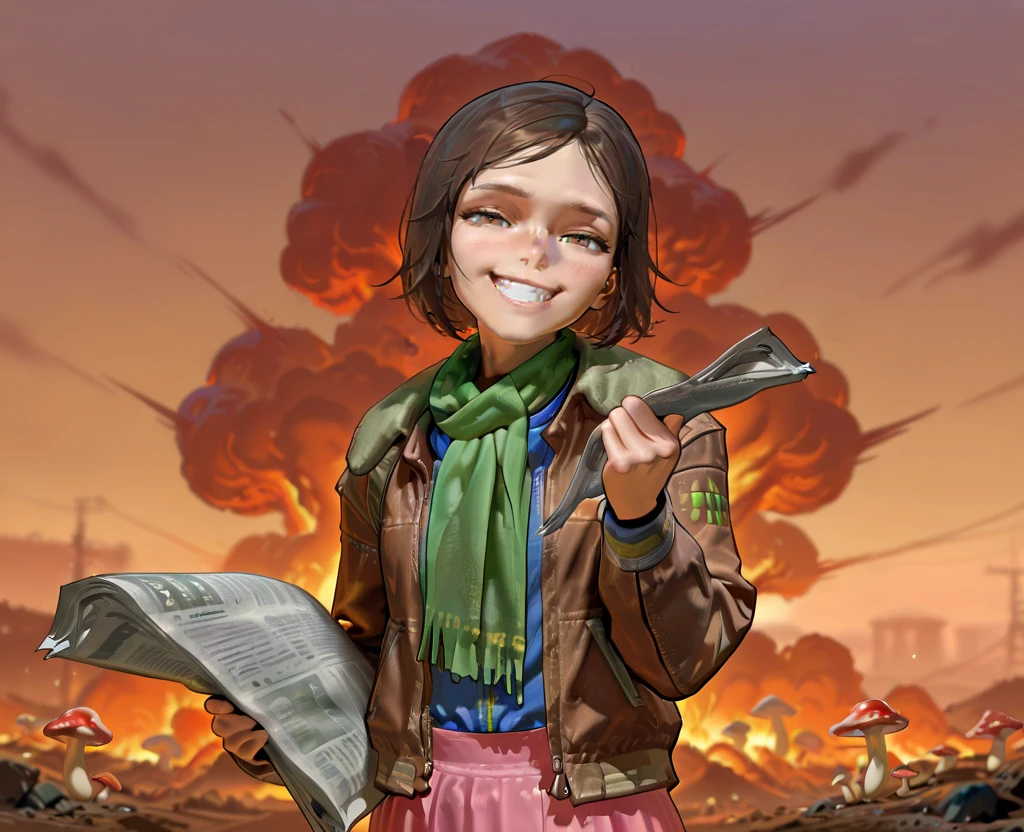 masterpiece, 1440p, 8k, UHD, amazing quality, high resolution,   <lora:Nat_Wright_Illustrious:1> NatWright, Fallout4, 1girl, solo, brown hair, short hair, jacket, green scarf, pink skirt, looking at viewer, upper body, newspaper in hand, reading newspaper, smug, grin, mushroom cloud