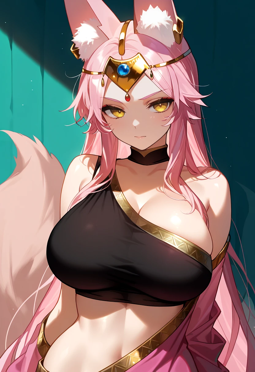 masterpiece, best quality, 1girl, solo, huge breasts, <lora:Koyanskaya-Initium-fullstackv1-000015:1>,   bare shoulders, black crop top, fox ears, fox girl, fox tail, gold trim, indian clothes, large breasts, pink hair, sari, sidelocks, very long hair, yellow eyes, pink sari