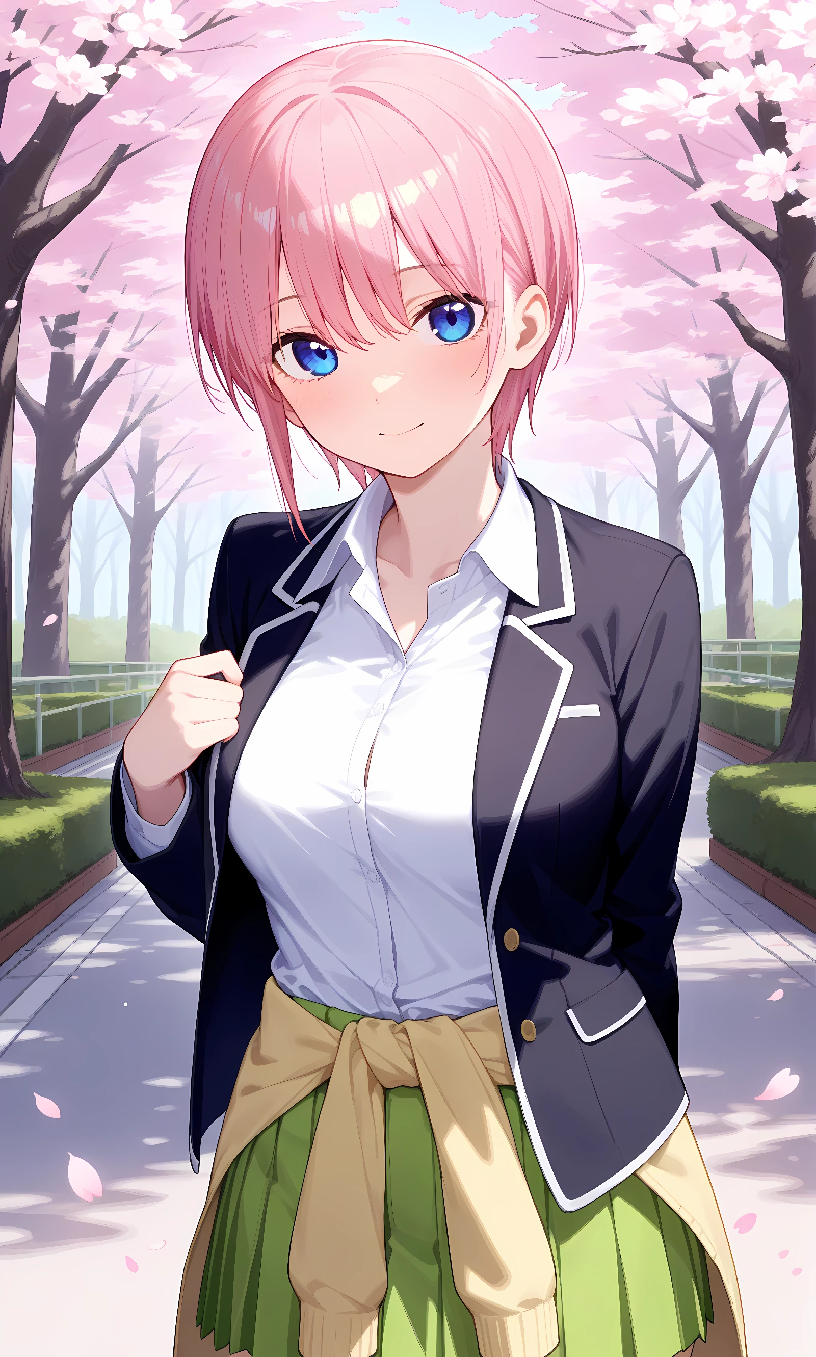 score_9, score_8_up, score_7_up, source_anime, 1girl, solo, outdoors, street, cherry blossoms, cowboy shot, looking at viewer, shiny skin, close-up, nakano ichika, short_hair, pink_hair, hair_between_eyes, blue_eyes, collared_shirt, green_skirt, long_sleeves, pleated_skirt, white_shirt, blazer, open_jacket, sweater_around_waist, black_jacket 