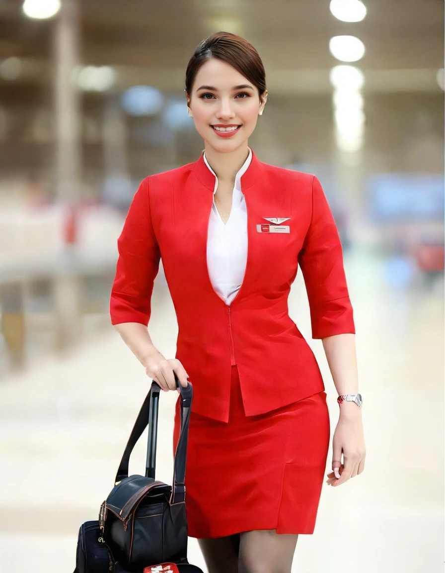 score_9, score_8_up, score_7_up, highly detailed, high contrast, film grain, Rim Lighting, detailed face, 
AirAsia_uniform, red suit, AirAsia_uniform, 1girl, blurry background, bag, blurry, solo, brown hair, smile, pantyhose, short hair, red lips, lipstick, holding bag, asian, watch, holding, looking at viewer, grin, shirt, makeup, standing, depth of field, jewelry, realistic, handbag, parted lips, brown eyes, see-through legwear, in-flight <lora:PonyReal_AirAsia_uniform_V1-000022:1>