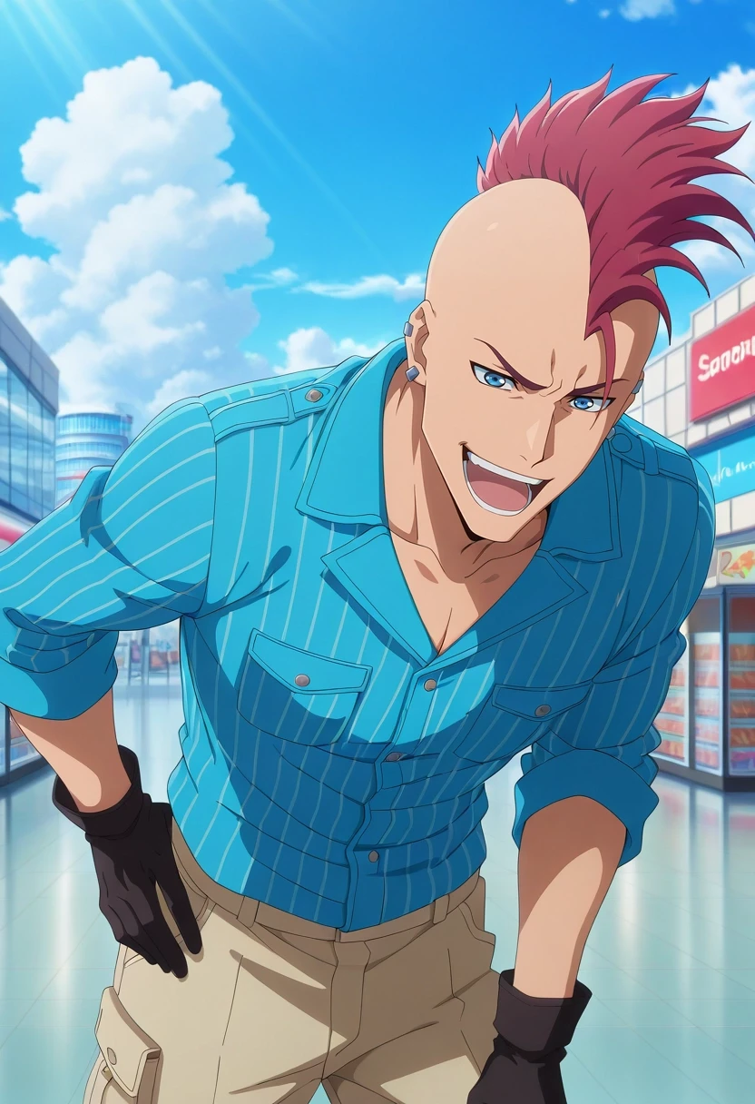 masterpiece, best quality, , anime screencap, anime coloring, official style, , , 1boy, solo, male focus, <lora:bazzard_black_ilxl:0.9>, bazzard_black, red hair, blue eyes, short hair, mohawk, earrings, gloves, cowboy shot, shopping mall, stores, signs, day, clouds, the pose, laughing, Cargo pants, Pinstripe shirt, , ,