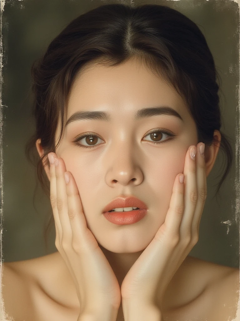 (text "buzz me please" in sky:1.6),There are wonderful studio lights and various reflections,
her thin face is very delicate,(her waist is very thin :1.1),skin naturally showing the texture of blood vessels,detailed pale skin,
18yo beautiful cute chinese girl with blushing and female orgasm,the sidelight outlines her sexy body curves,
<lora:gongli_a_f1_rank2_bf16:1>,
affectionate,
--,<lora:flux_realism_lora:0.6>,Old Postcard,A vintage, portrait of a young woman from the early 20th century, captured in a moment of dramatic, wide-eyed expression. Her large, haunting eyes and dark, glossy lips give her a melancholic, almost doll-like appearance. Her delicate hands cradle her face in a gesture of worry or fear, while her short, styled curls frame her face, reminiscent of silent film starlets. The photograph is slightly faded and worn, with subtle scratches and imperfections that add to its antique charm, evoking a sense of timeless mystery and emotional intensity.,