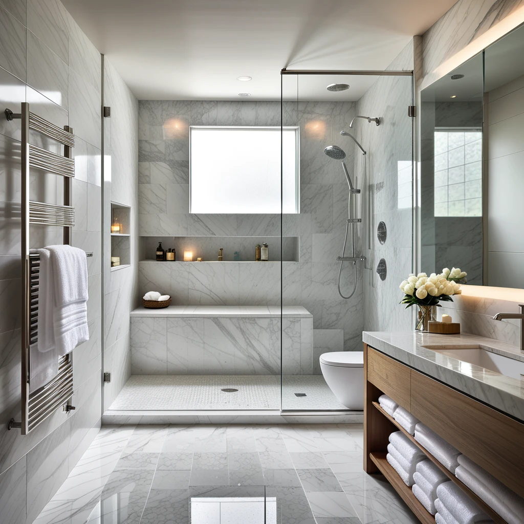 A luxurious glass shower in the interior of a 5-star hotel bathroom. The shower is spacious with floor-to-ceiling glass panels framed in polished chrome. The walls are covered in elegant white marble with subtle grey veining, giving a sophisticated and clean aesthetic. The floor inside the shower features small mosaic tiles in shades of white and silver, adding texture and refinement.
A rainfall showerhead is mounted on the ceiling, crafted from brushed stainless steel, along with a sleek handheld shower on the side wall. Built-in recessed shelving holds neatly arranged high-end toiletries and folded white towels. Soft warm lighting emanates from concealed LED strips, highlighting the reflective surfaces and creating an inviting ambiance.
The shower door is slightly ajar, revealing a fluffy white bathrobe hanging on a nearby hook. Beyond the glass shower, the rest of the bathroom features large-format marble tiles and a floating vanity with a quartz countertop. The atmosphere is serene, modern, and opulent, evoking a sense of calm and indulgence.
<lora:SDXLFaeTastic2400:0.4> <lora:extremely_detailed:0.4> extremely detailed, Masterpiece,best quality,hi res,8k,hi res,8k,award winning,(sharp focus, intricate, highly detailed),