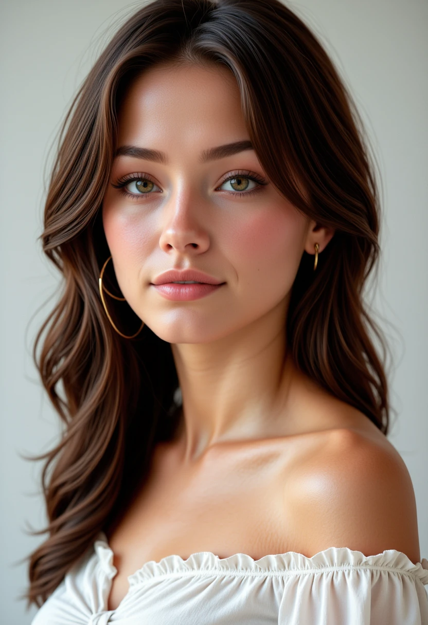 Hyperrealism, she is looking at the camera, (dynamic angles), profile headshots of a beautiful, stunning unique female character. she has brown hair. her brown eyes are filled with joy and excitement, extravagant eyelashes,  A photo of Danny_v4 is wearing a white off-the-shoulder blouse with ruffled sleeves. She has a slight smile on her face and is looking directly at the camera. The background is a simple white wall.. making this image a masterpiece of photography and digital art. Style: realistic hyper-detailed rendering, 32k UHD, expressive eyes, punk, graphic design, girl's face, pretty and cute, gleaming lips, white skin, telling a tale of adventure. Exuding confidence and serenity. The background is a simple white wall. The overall mood of the image is happy and relaxed.RAW candid cinema,16mm,color graded portra 400 film,remarkable color,ultra realistic,textured skin,remarkable detailed pupils,realistic dull skin noise,visible skin detail,skin fuzz,dry skin,shot with cinematic camera,detailed skin texture,(blush:0.2),(goosebumps:0.3),subsurface scattering,beautiful photograph in the style of Augustus John,Sergio Toppi,Virginia Frances Sterrett,8k HD,detailed skin texture,ultra realistic,textured skin,analog raw photo,cinematic grain,whimsical,detailed hand,perfect hand.