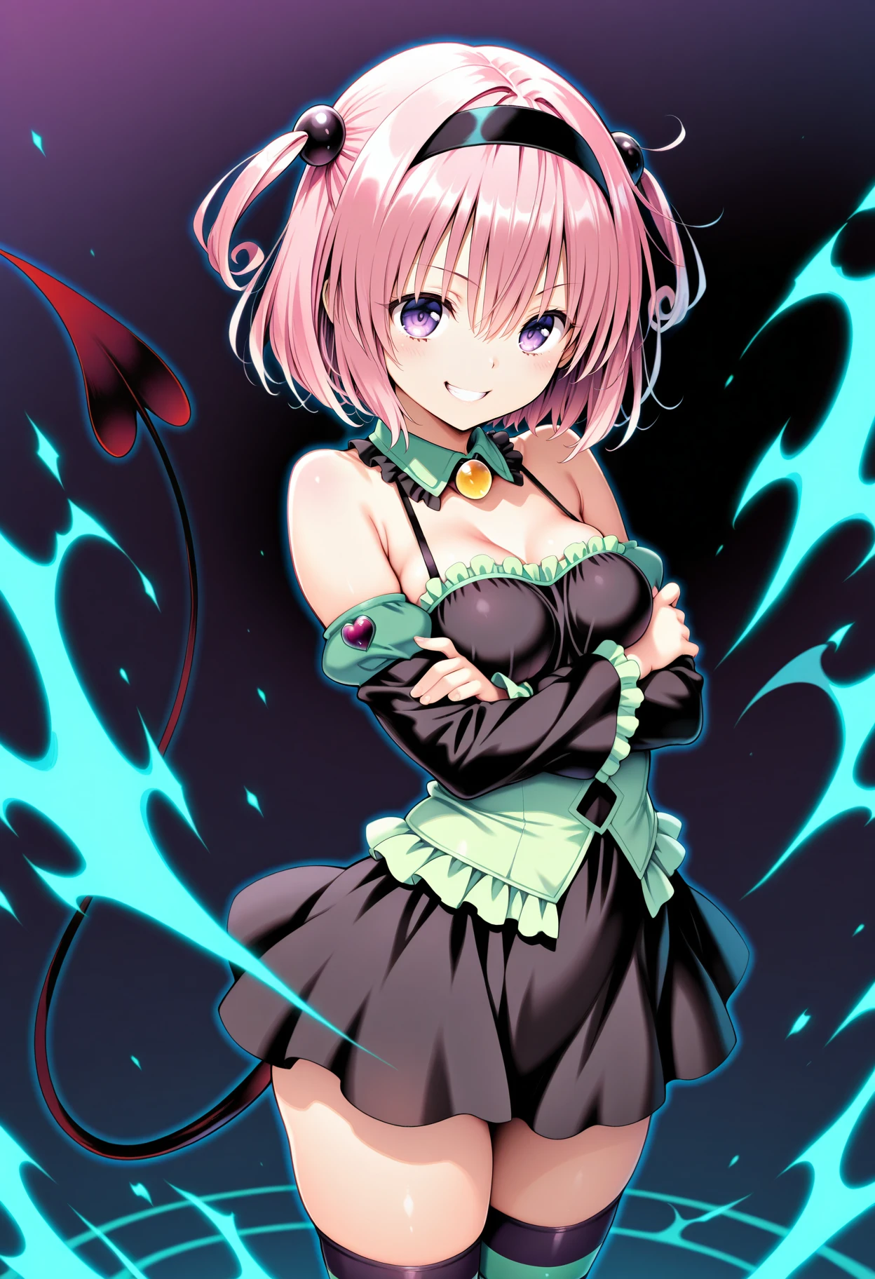 1girl, aamomo, short hair, pink hair, two side up, black hairband, purple eyes, medium breasts, demon tail, detached collar, bare shoulders, frills, black dress, green shirt, detached sleeves, striped thighhighs, <lora:momo_velia_deviluke_ilxl_v1:0.9>, aura, crossed arms, standing, cowboy shot, grin,
masterpiece, best quality, amazing quality,