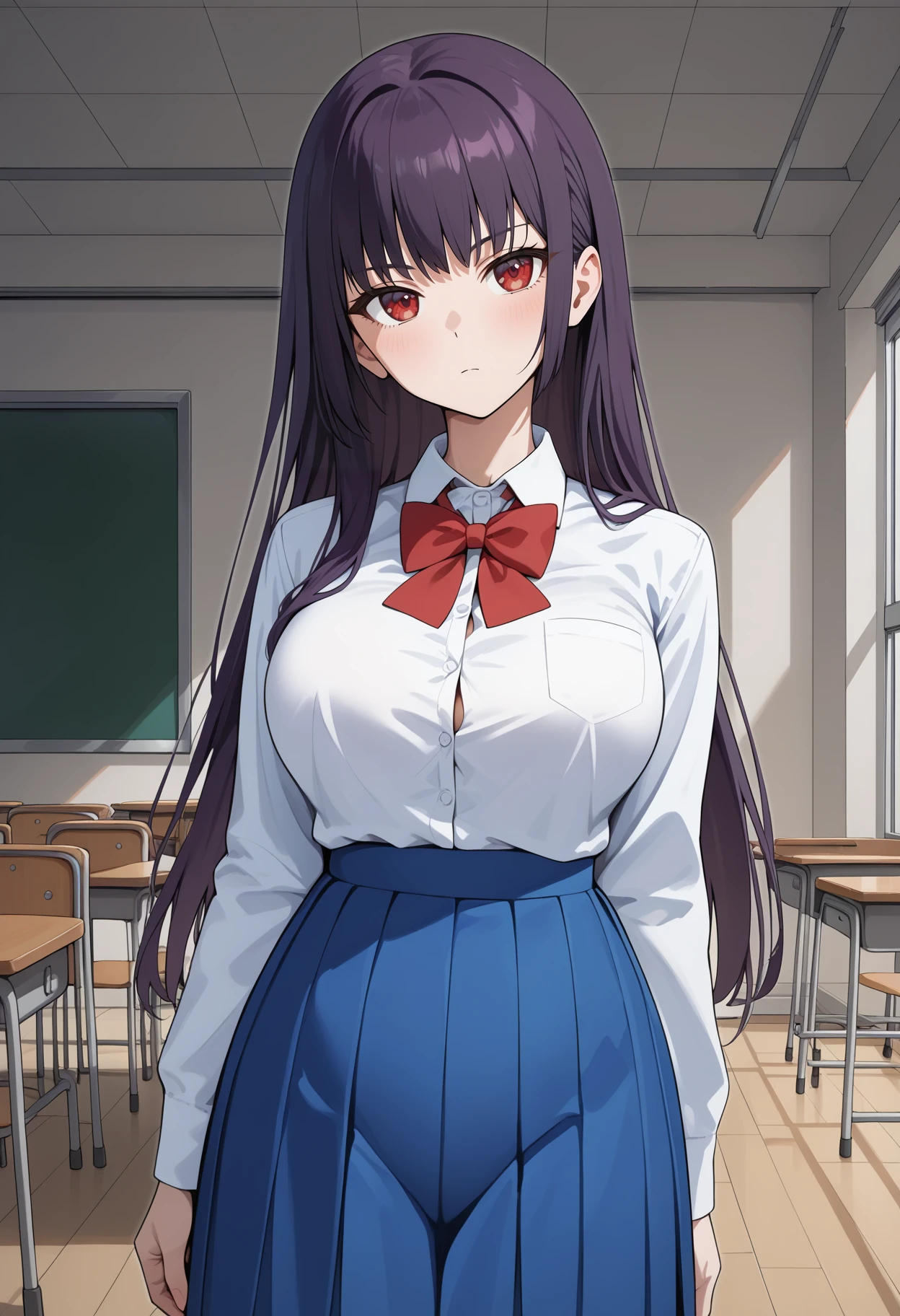 score_9, score_8_up, score_7_up, score_6_up, score_5_up, score_4_up, source_anime, aasana, long hair, black hair, purple hair, red eyes, large breasts, school uniform, red bowtie, collared shirt, white shirt, long sleeves, shirt tucked in, long skirt, pleated skirt, blue skirt, <lora:sunomiya_sana_ponyxl_v1:0.9>, standing, cowboy shot, indoors, looking at viewer,