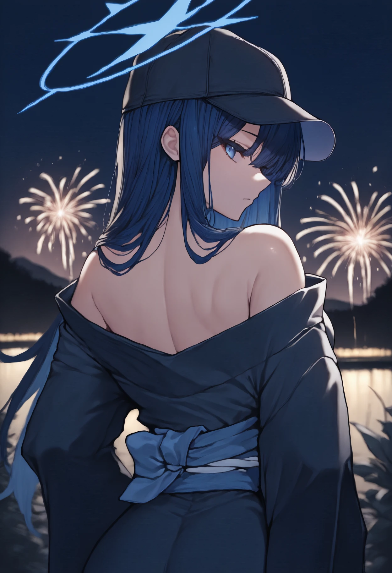 anime, masterpiece, best quality, from behind, solo, 1girl, sa0ridef, expressionless, looking back, long hair, blue hair, black headwear, baseball cap, blue halo, blue eyes, japanese clothes, black kimono, off shoulder, blue sash, bare shoulders, outdoors, night, fireworks
<segment:yolo-Anzhc Face seg 640 v2 y8n.pt,0.4,0.5//cid=1>