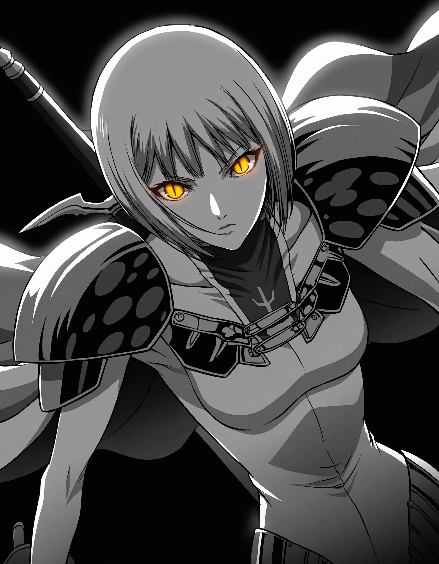 Solo, Clare, Short hair, Blunt bangs, White bodysuit, Pauldrons, Cape, white gloves, cuffs, Lower armour, Yellow eyes, (detailed eyes), glowing eyes, slit pupils, collarbone, (insignia), armoured footwear, dynamic pose, serious, dutch angle, dark, spot colour, monochrome, sword on back, (black background), backlighting, looking at viewer, best quality, masterpiece,