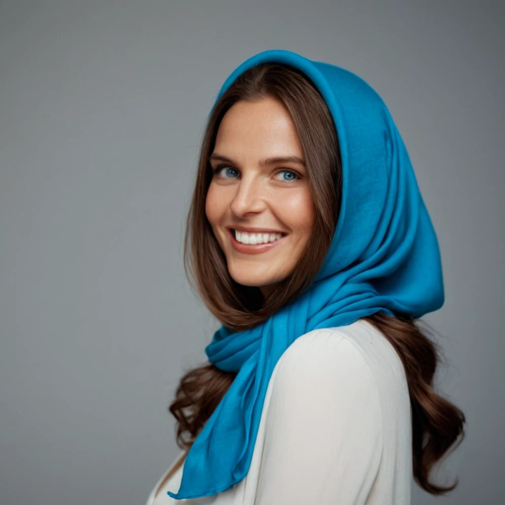 cinematic film still of <lora:scarf style xl v1:1>
scarf a woman with a scarf on her head, scarf style, solo, long hair, smile, blue eyes, simple background, brown hair, white background, upper body, teeth, grin, scarf, portrait, blue scarf
, shallow depth of field, vignette, highly detailed, high budget, bokeh, cinemascope, moody, epic, gorgeous, film grain, grainy