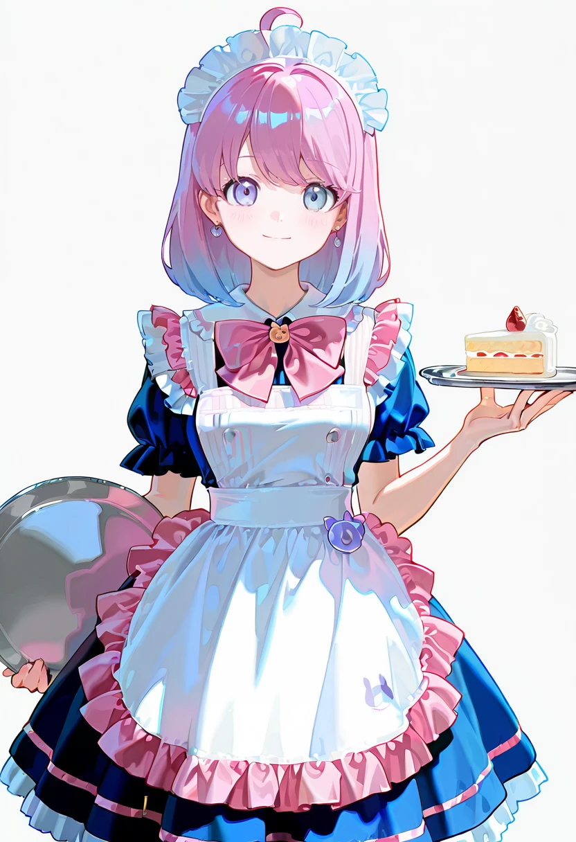 1girl,solo,looking at viewer, echo (circa),maid, 1girl, maid headdress, apron, blue dress, frills, short sleeves, pink bow, himemori_luna,tray,cake,light smile,