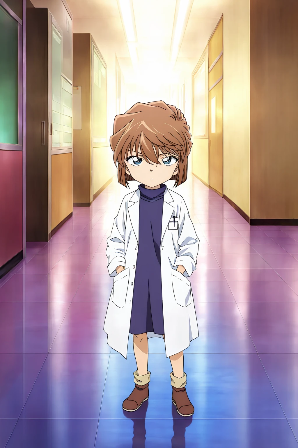 front view,
1girl,looking at viewer,full body,lab coat,hands in pockets,
Best quality,masterpiece,soft light,official art,high quality,highres,absurdres,epic scene,natural textures,<lora:Haibara Ai IL V2:1>,haibara ai,short hair,brown hair,blue eyes,hair between eyes,female ,