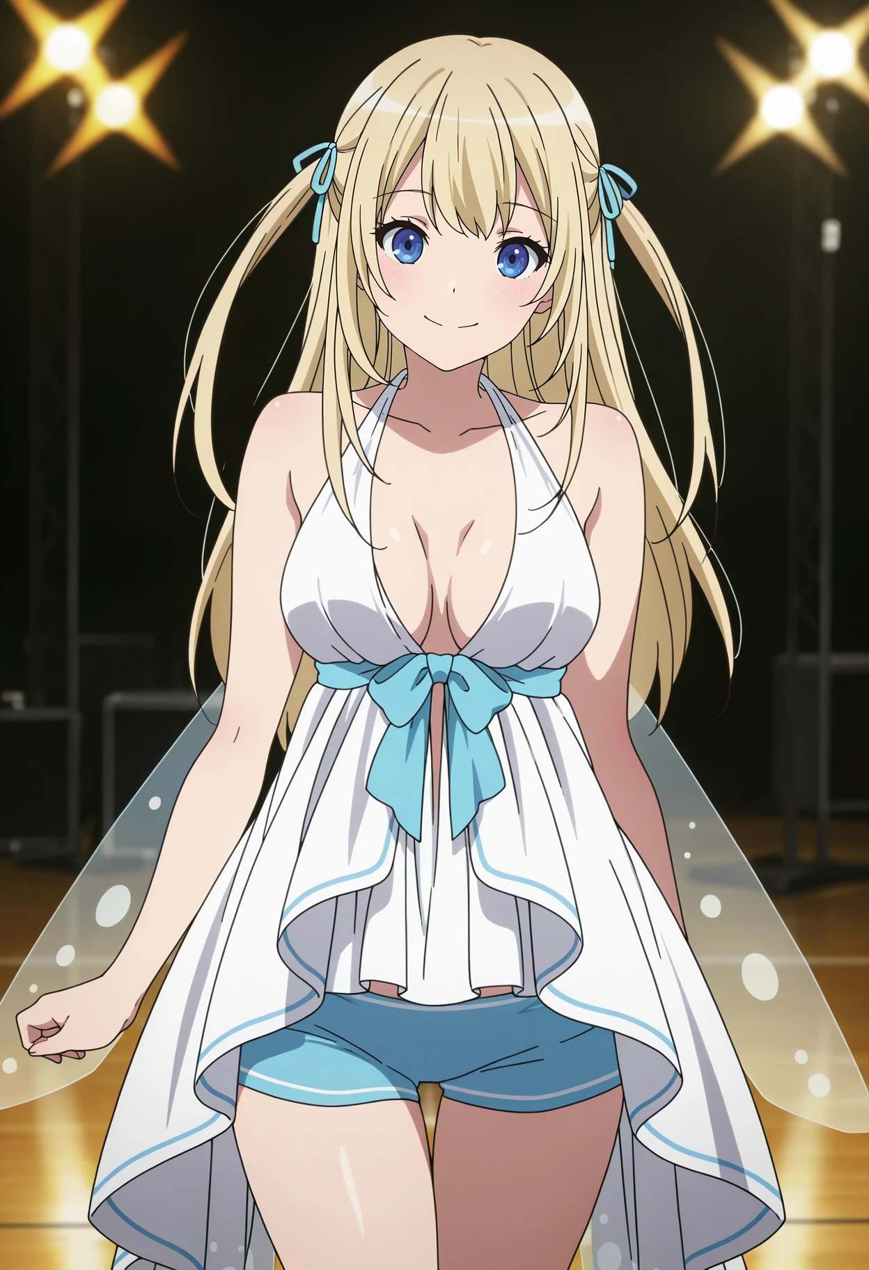 anime screencap, masterpiece, best quality,
<lora:AmagiBrilliantPark_Sylphy_IlluXL:0.9>,
1girl, solo, closed mouth, smile, light blush,
blonde hair, blue eyes, two side up, hair ribbon, blue ribbon,
SylphyDress, fairy wings, white dress, halterneck, medium breasts, underbust, blue bow, short shorts, blue shorts,
standing, looking at viewer, cowboy shot, thigh gap,
blurry background, photo background, stage lights, stage