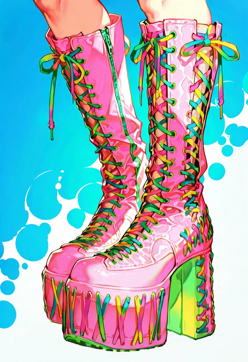 1girl,solo,looking at viewer, hungry clicker, multicolored laced platform boots, colorful, pink footwear, foot focus, lower body,