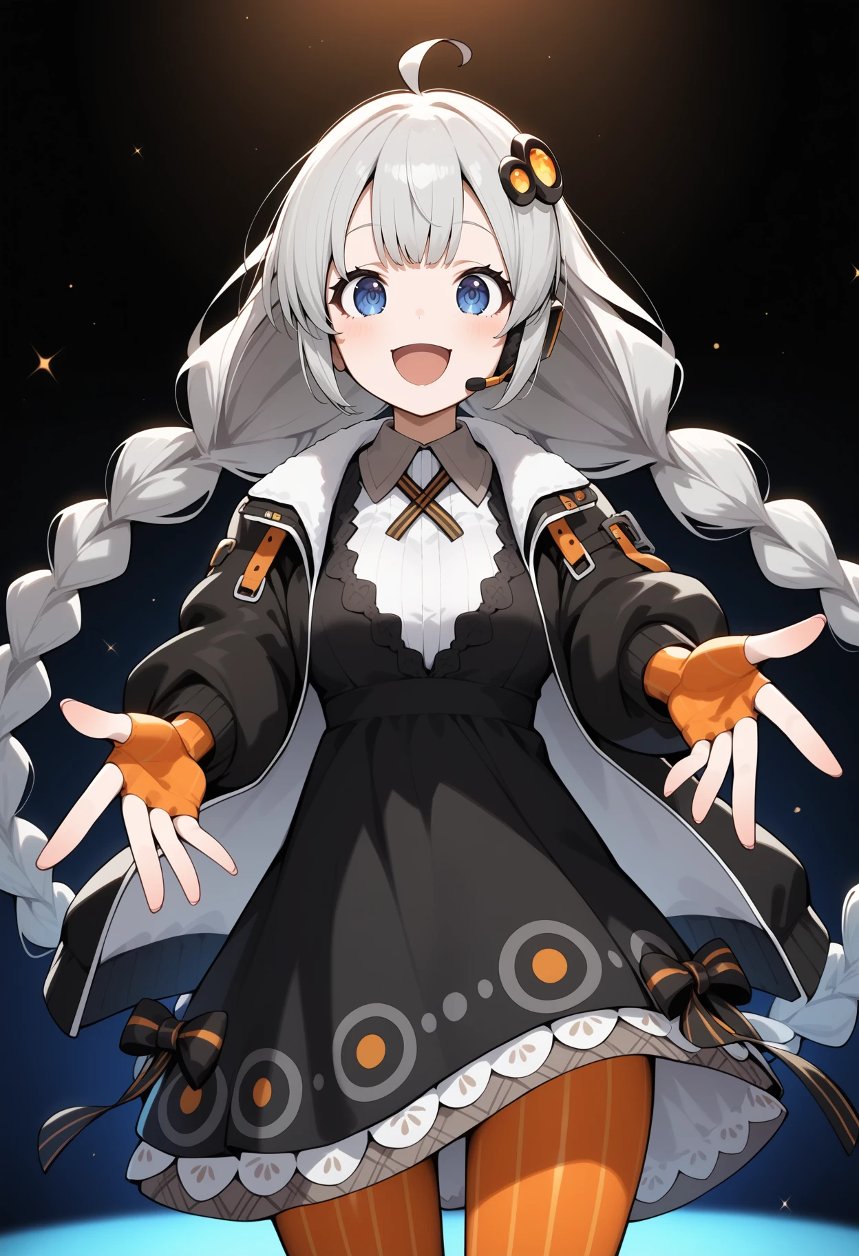 score_9, score_8_up, score_7_up, score_6_up, score_5_up, score_4_up, source_anime, aaakari, long hair, grey hair, twin braids, ahoge, hair ornament, blue eyes, breasts, black dress, black jacket, open jacket, long sleeves, fingerless gloves, orange gloves, striped pantyhose, orange pantyhose,  <lora:kizuna_akari_ponyxl_v1:0.9>, standing, cowboy shot, stage, smile, open mouth, singing, headset, reaching,