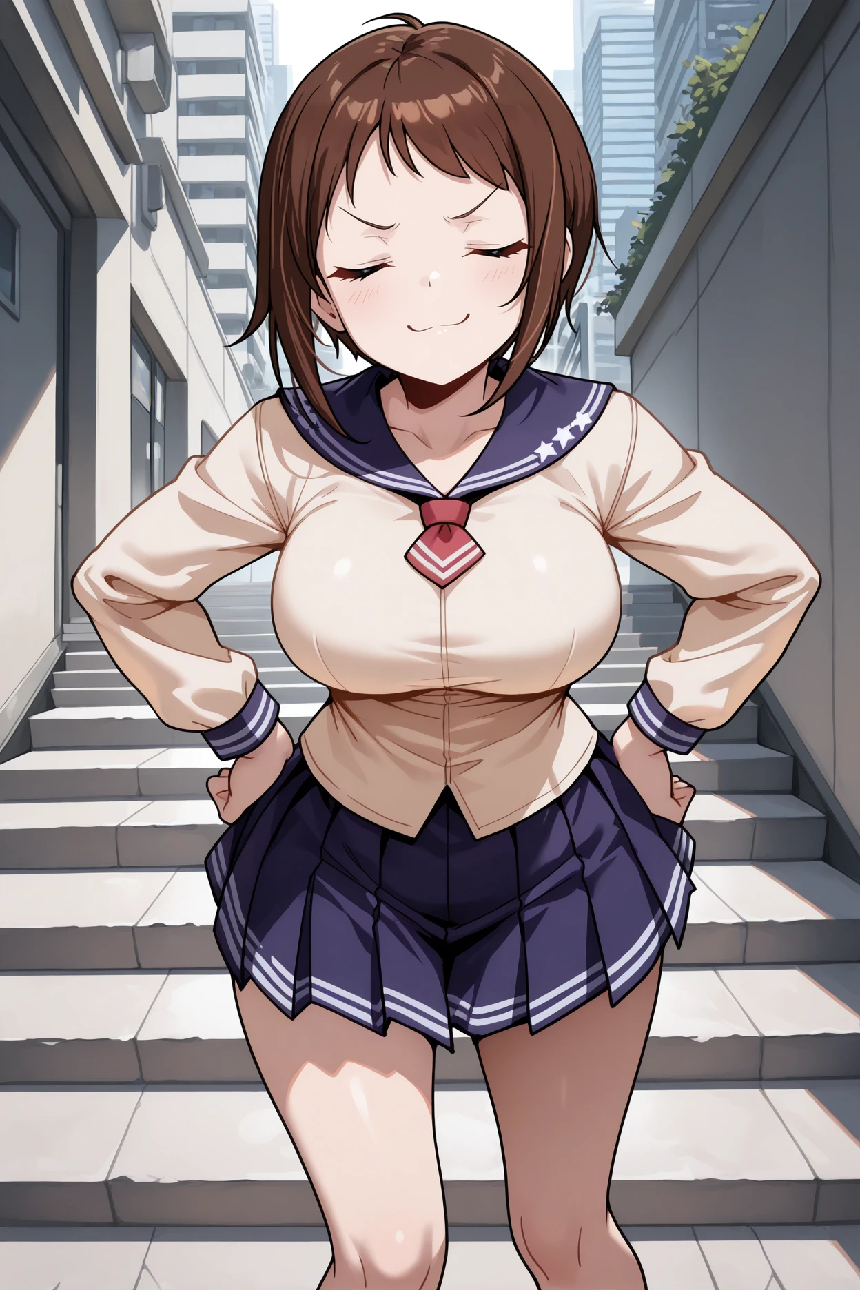 masterpiece, best quality, 1girl, solo,  <lora:wakanaui-illu-nvwls-v1:1> w4kanaui, brown hair, short hair, closed eyes, beige shirt, blue sailor collar, long sleeves, red neckerchief, blue miniskirt, pleated skirt, large breasts, smug, looking at viewer, hands on hips, smile, standing, stairs, city