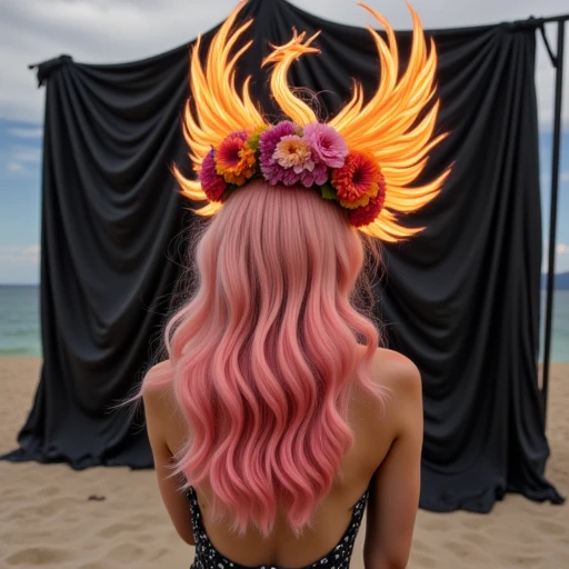 Galactic Majesty, Planetary Harmony, group synergy, glowing against a dramatic black draped background, wavy hair styled in vintage pin-up waves, golden phoenix, Lunar Pendant, against a pristine white background., her floral headdress radiating with vivid orange, Flamebound Seer, based on the fabric walls and ceiling., flower, pink hair This photograph captures a woman standing on a sandy beach with a backdrop of grassy dunes under a partly cloudy sky., Urban divinity, glowing flames, swirling planets, art and fantasy