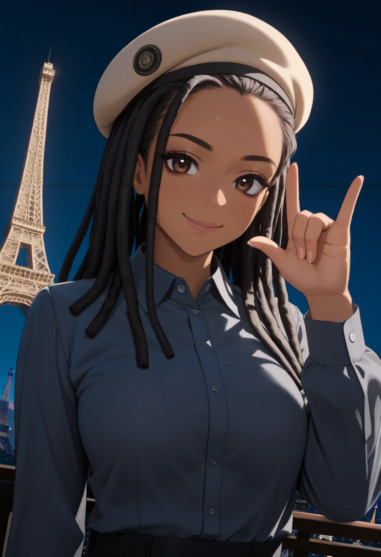 masterpiece, best quality, newest, absurdres, highres, night, dark, 1girl, solo, kiiraanooir, black hair, long hair, dreadlocks, brown eyes, dark-skinned female, looking at viewer, \\m/, smile, dutch angle, french beret, eiffel tower, black collared shirt, long sleeves,
<lora:kira noir noob 1.1:1>